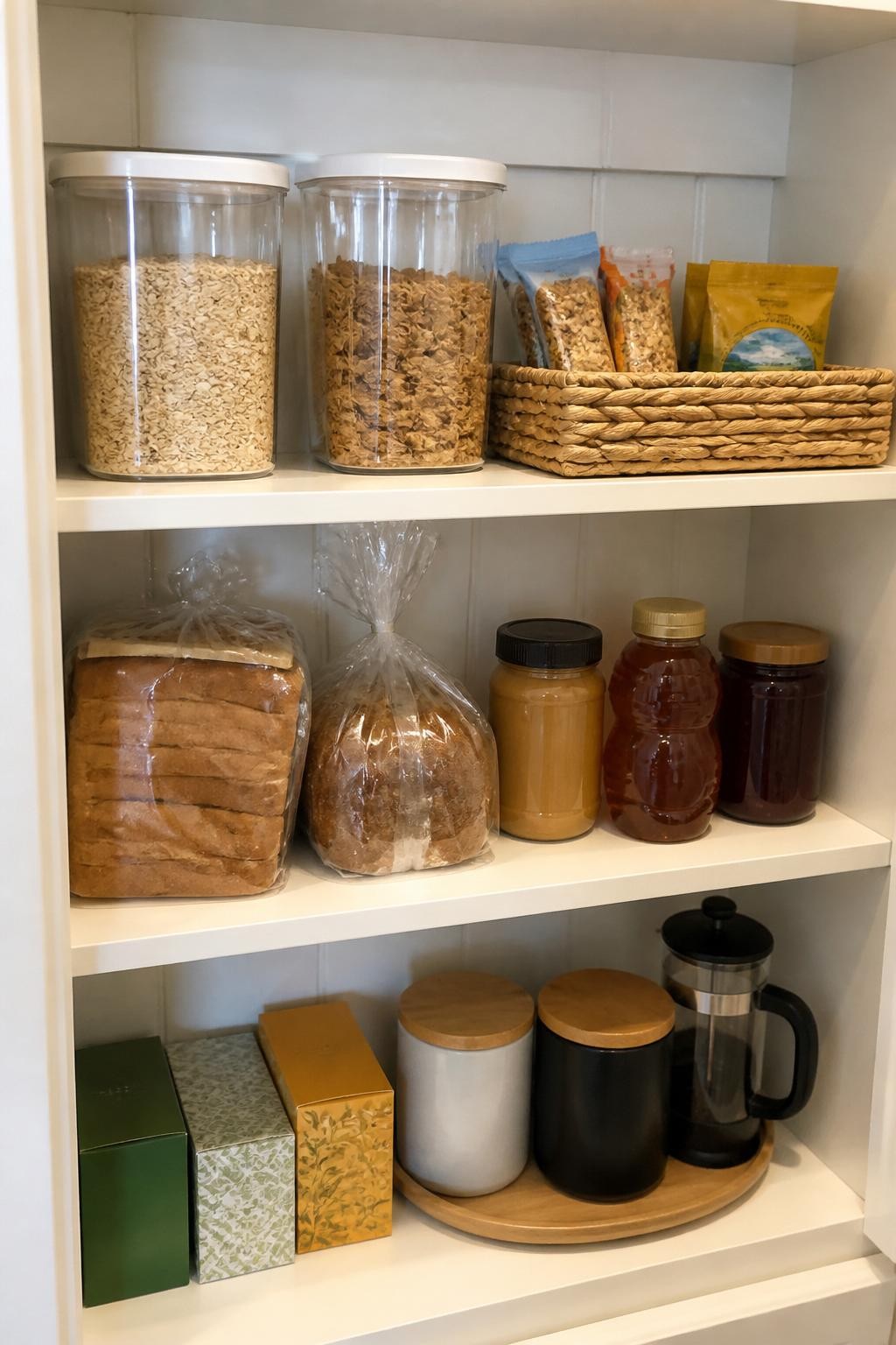 Image prompt: Dedicated pantry breakfast shelf holding oats, cereal, bread, peanut butter, honey, tea, coffee, and a small basket of breakfast bars, photographed with clean iPhone photo quality, early morning light, natural kitchen textures, simple containers mixed with original packaging, slightly lived-in family home, practical arrangement, no people, no visible brands, no watermarks on images.