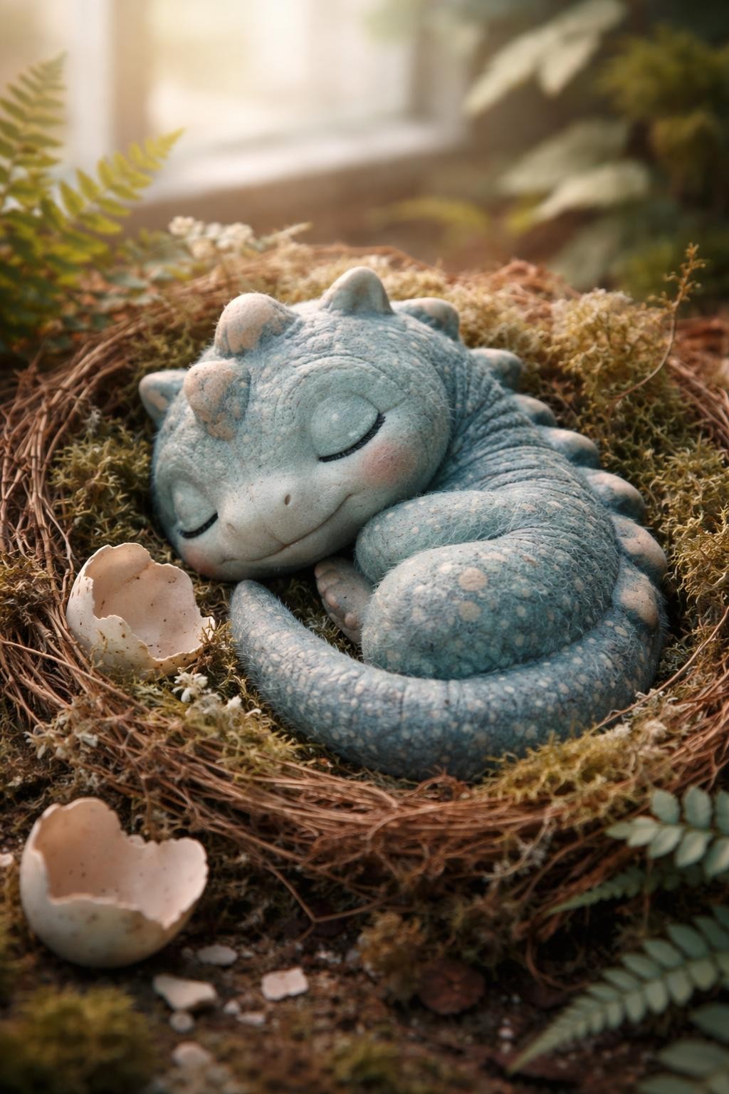 Image Prompt: A small soft blue pumpkin transformed into a sleeping baby dinosaur curled inside a mossy nest, closed painted eyes, tiny smile, rounded felt tail wrapped around the body, small cream spots, short folded legs, miniature eggshell pieces and ferns nearby, gentle woodland atmosphere, soft morning window light, realistic DSLR photography, detailed handmade textures, no people, no text.