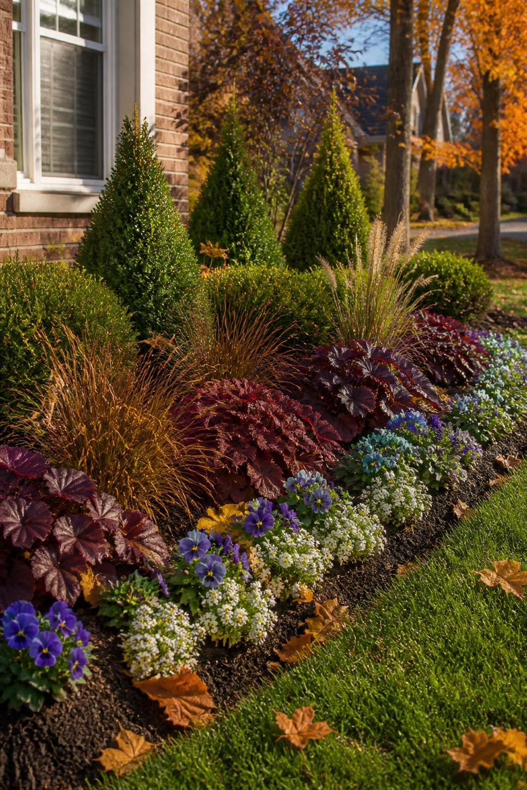 Image Prompt: A realistic suburban front-yard foundation bed in fall, planted in clear natural layers with compact dwarf evergreens at the back, burgundy heuchera and bronze ornamental grasses in the middle, and low purple pansies and white sweet alyssum along the front edge, dark fresh mulch, a gently curved bed line beside a brick home, scattered amber leaves resting naturally between plants, warm late-afternoon autumn sunlight, mature but achievable residential landscaping, realistic plant sizes and spacing, editorial DSLR photography, 35mm lens, highly detailed, no text.