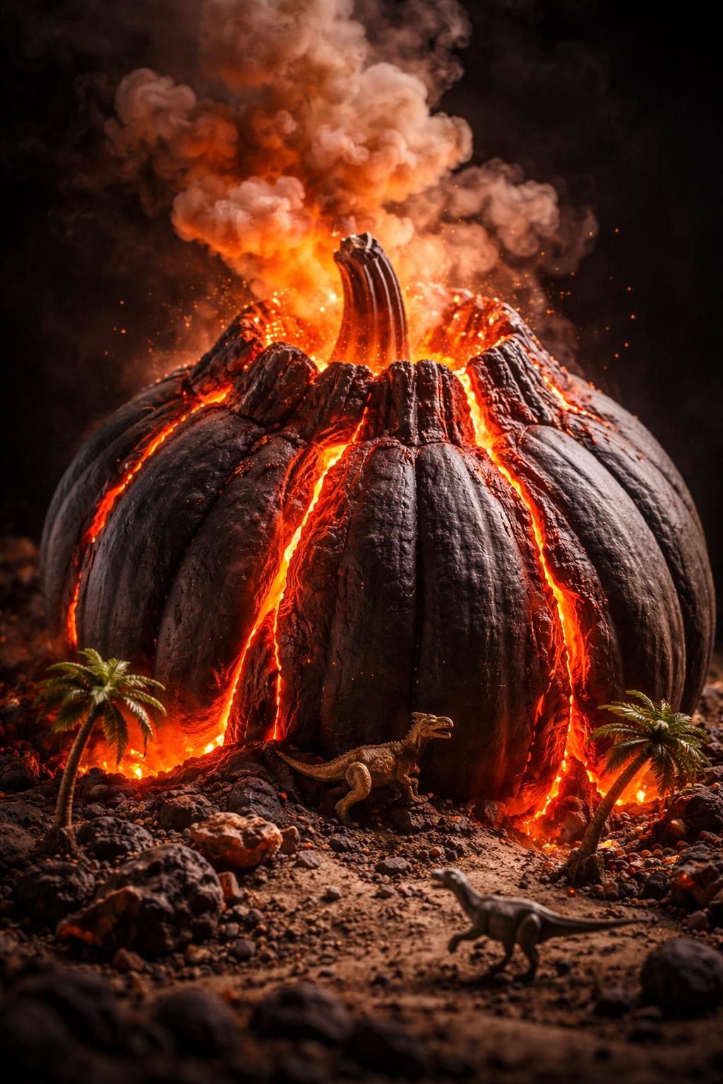 Image Prompt: A large dark gray pumpkin transformed into an erupting prehistoric volcano, jagged crater built around the stem, glowing red and orange lava flowing down the ridges, wisps of cotton smoke rising above, tiny dinosaur figures running around the rocky base, miniature palm trees bending away from the eruption, dramatic black backdrop, cinematic warm lighting, realistic DSLR craft photography, sharp lava texture, no people, no text.