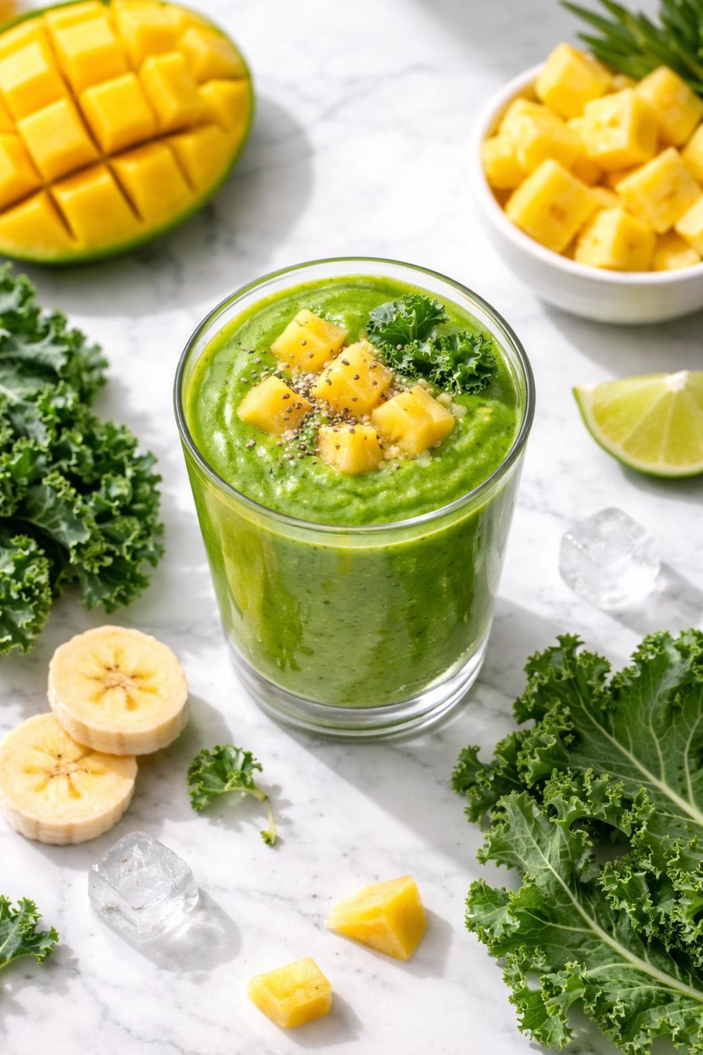 Realistic top-down editorial food photography of a tropical kale smoothie in a clear glass on a clean white marble countertop. The smoothie is bright green and smooth, styled with mango cubes, pineapple chunks, kale leaves, banana slices, and a small lime wedge nearby. Bright natural daylight, clean tropical breakfast styling, realistic smoothie texture, high detail, no people, no hands, no text, no watermarks, no props with writing.