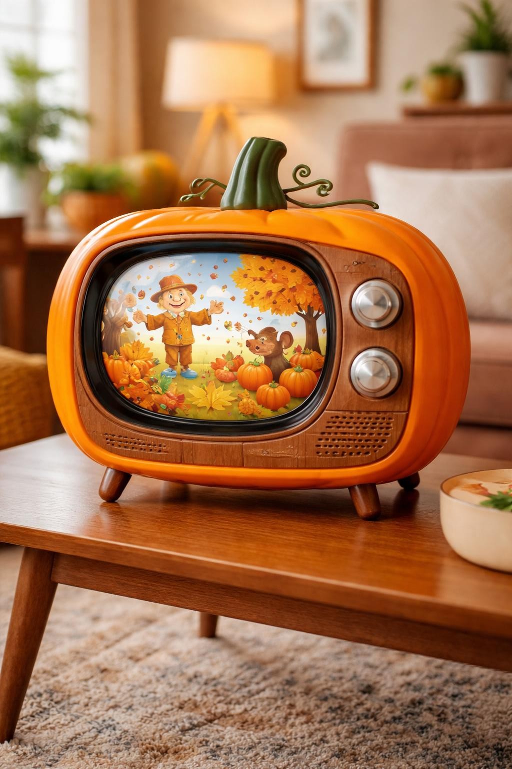 Image Prompt: A wide plastic pumpkin transformed into a playful retro television, rounded black screen inset into the front, woodgrain-painted body, two large silver control knobs, tiny speaker holes, short angled legs, cartoon autumn scene displayed on the screen, warm mid-century living room styling, bright natural light, realistic DSLR craft photography, sharp handmade details, no people, no readable text.