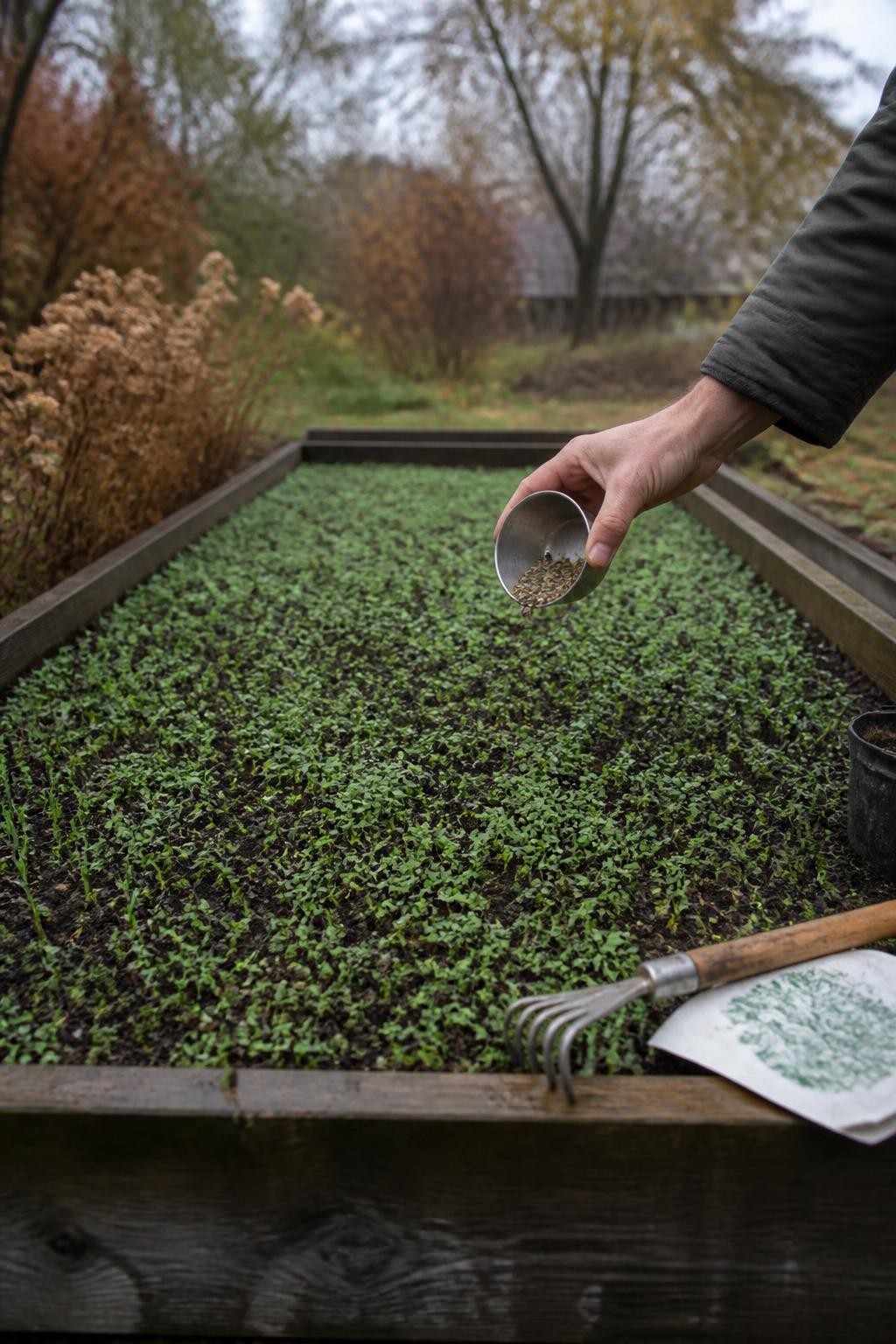 Image Prompt: A realistic fall raised bed newly sown with a cover crop, showing young crimson clover and winter rye seedlings forming an even green carpet across the soil, a gardener’s hand scattering the last few seeds from a small metal cup, wooden bed edges darkened by recent rain, a rake and seed packet resting nearby, surrounding garden plants beginning to fade, muted autumn sky and soft diffused light, accurate seedling density and plant texture, documentary DSLR garden photography, 50mm lens, no text.