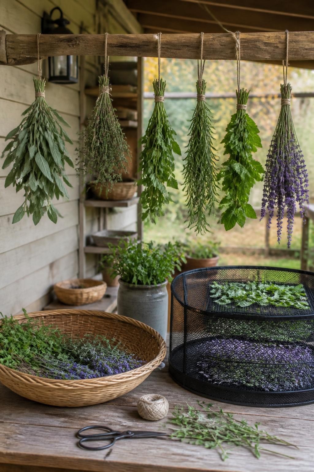 Image Prompt: A realistic covered porch or garden shed herb-drying project in fall, small loose bundles of sage, thyme, oregano, rosemary, mint, and lavender hanging upside down from a wooden rail with natural twine, herbs spaced apart for airflow, a mesh drying rack holding loose leaves nearby, clean garden scissors, labels, and a shallow harvest basket on a wooden table, soft indirect daylight, natural muted colors, practical home preservation setup, editorial DSLR photography, 50mm lens, no text.