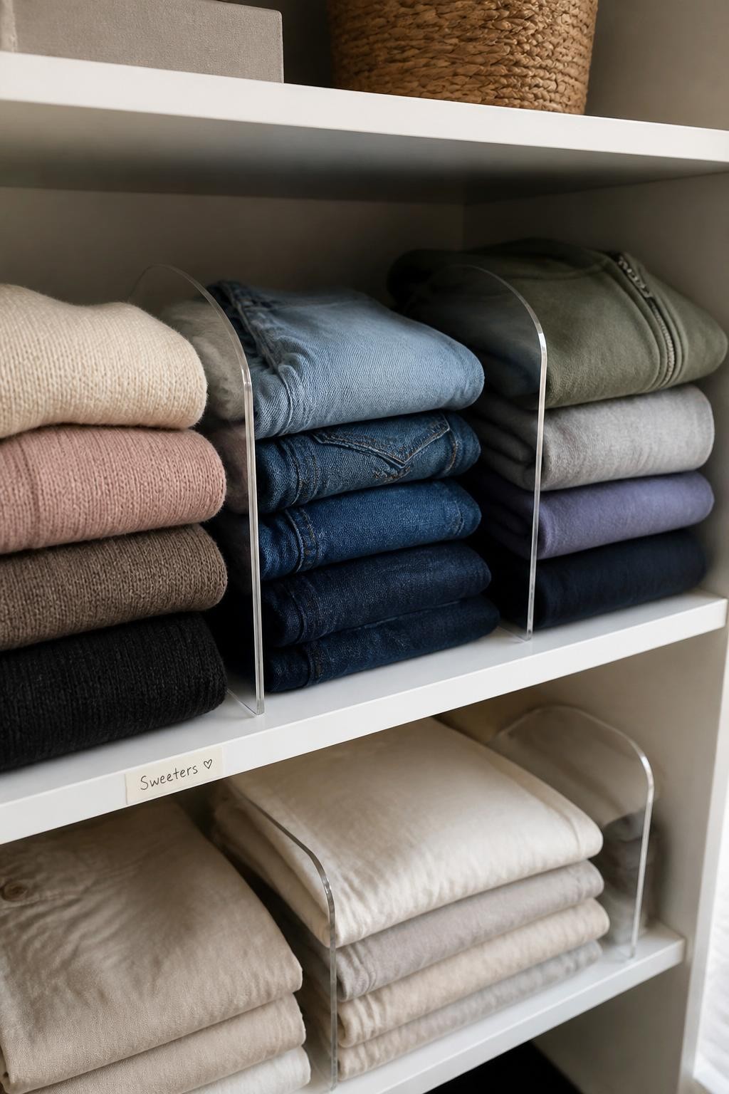 Image prompt: Close view of a bedroom closet shelf with clear acrylic shelf dividers separating neatly folded sweaters, jeans, sweatshirts, and linen trousers, photographed with natural iPhone photo quality, soft daylight from a nearby window, believable fabric folds, slightly uneven but organized stacks, warm neutral closet interior, one small handwritten category label, practical everyday home atmosphere, no people, no text distortion, no watermarks on images.
