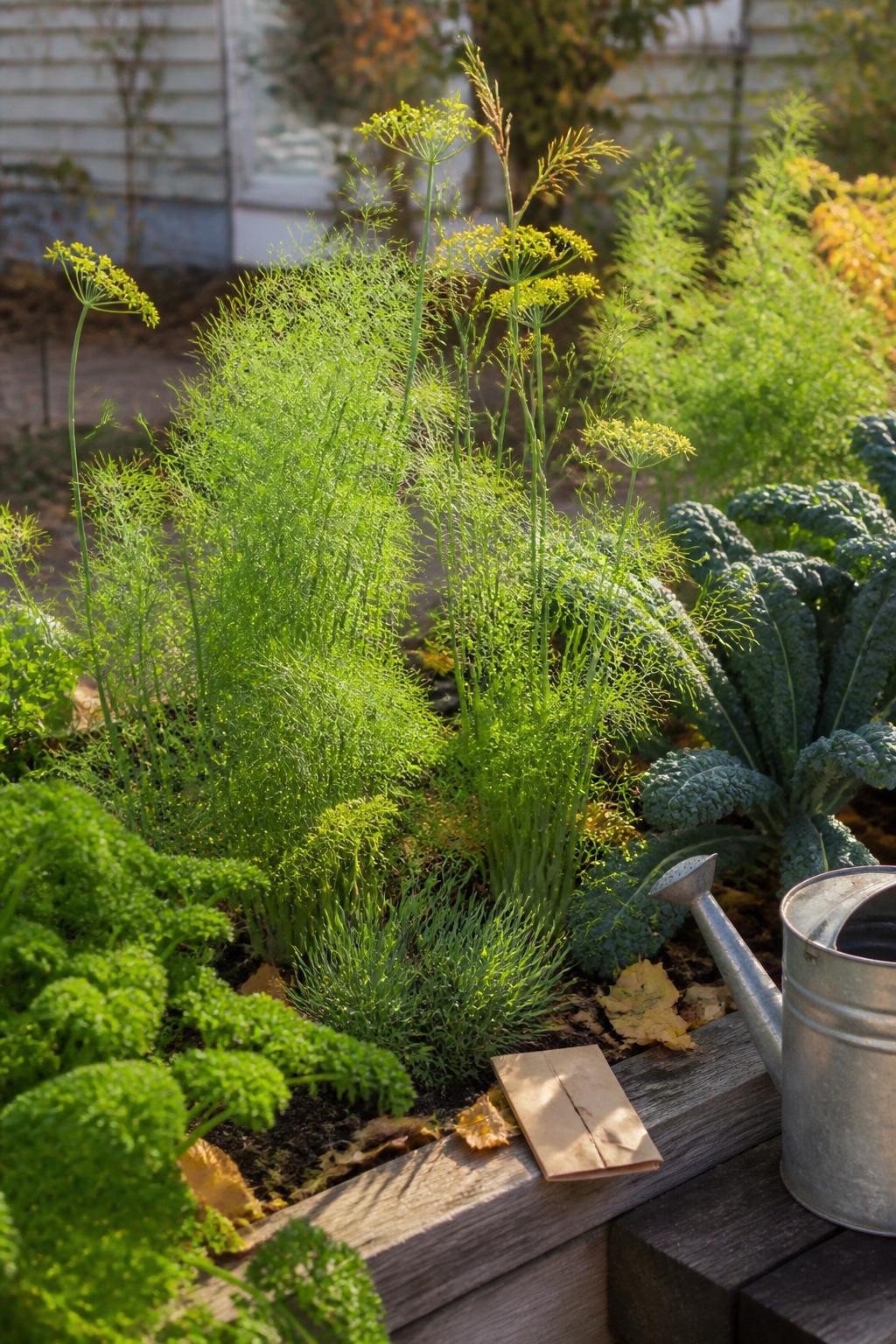 Image Prompt: A realistic fall kitchen garden with a small patch of young and mature dill plants, fine feathery green foliage rising above a raised bed, a few yellow flower umbels left standing for pollinators, parsley and kale growing nearby, a small paper seed packet and watering can resting on the bed edge, cool golden morning light, scattered fallen leaves, natural uneven plant heights, documentary-style DSLR photography, 50mm lens, no text.
