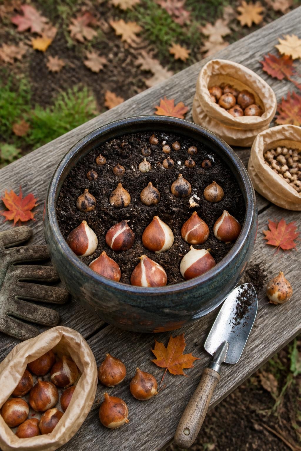 Image Prompt: A realistic fall potting project on a weathered wooden bench, showing a deep frost-resistant ceramic container being planted in layers, with large tulip bulbs near the bottom, daffodil bulbs in the middle, and crocus and grape hyacinth bulbs close to the top, loose potting soil, a metal hand trowel, soil-stained gloves, and simple paper bulb packets nearby, fallen maple leaves around the workspace, soft natural daylight, accurate bulb sizes and spacing, editorial DSLR photography, 45-degree overhead view, no text.