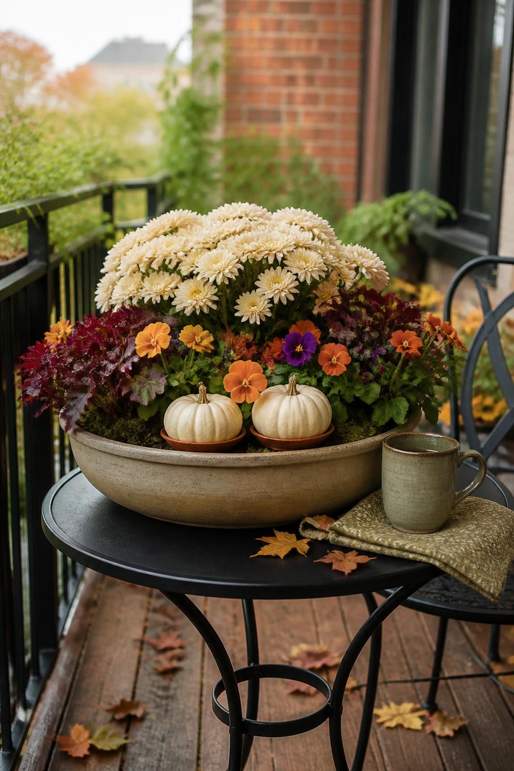 Image Prompt: A realistic small balcony bistro table decorated with a low wide planter filled with cream chrysanthemums, orange and purple violas, burgundy heuchera, and two small white pumpkins resting above the soil on hidden saucers, a ceramic mug and folded outdoor cloth nearby, warm natural autumn light, scattered dry leaves on the wooden balcony floor, cozy but not overly staged apartment setting, realistic plant and pumpkin textures, DSLR photography, 50mm lens, shallow depth of field, no text.