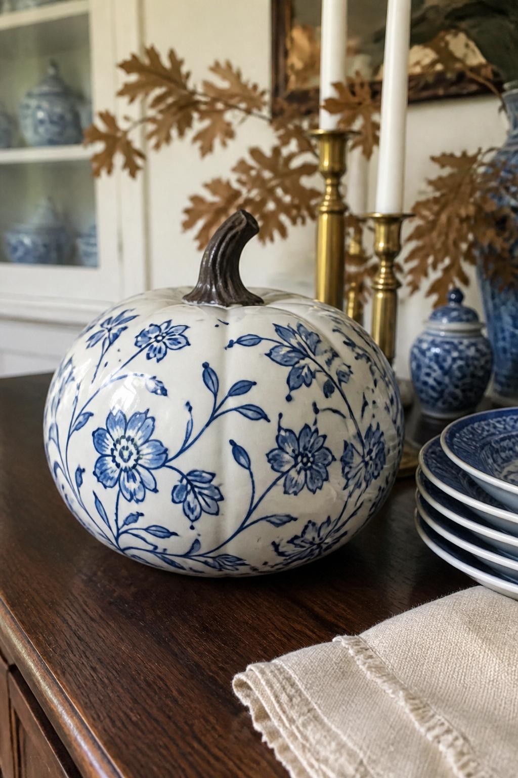 Horizontal 16:9 realistic iPhone photo of a glossy white ceramic pumpkin hand-painted with delicate cobalt blue flowers, leaves, curling vines, and tiny decorative dots inspired by antique pottery, dark natural-looking stem, placed on a dining room sideboard beside blue ceramic dishes, brass candlesticks, folded cream linen, and dried oak leaves, soft natural daylight, visible brushwork, elegant home setting, no fake perfection, no text.