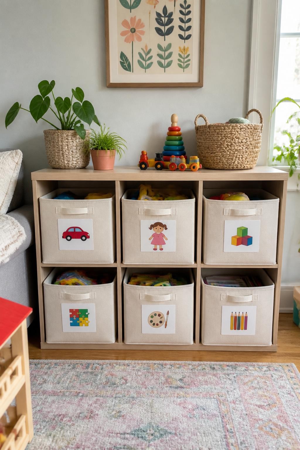 Image prompt: Child-height cube storage unit with fabric bins labeled using simple printed pictures of toy cars, dolls, blocks, puzzles, and art supplies, photographed with natural iPhone photo quality, bright indirect daylight, realistic slightly worn toys visible inside partly open bins, cheerful but calm family playroom, no children, no visible brands, no watermarks on images.