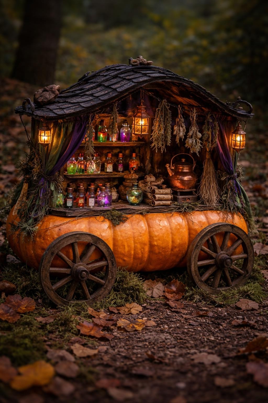 Image Prompt: A long Cinderella-style pumpkin turned into a miniature witch’s traveling potion cart, wooden wheels attached to both sides, curved black roof, tiny glass potion bottles filled with colored liquid, dried herbs hanging from hooks, miniature broom, rolled scrolls, small lanterns, copper kettle, moss and autumn leaves around the wheels, rich purple and forest green accents, warm magical lighting, realistic handmade detail, editorial DSLR photography, no people, no readable text.