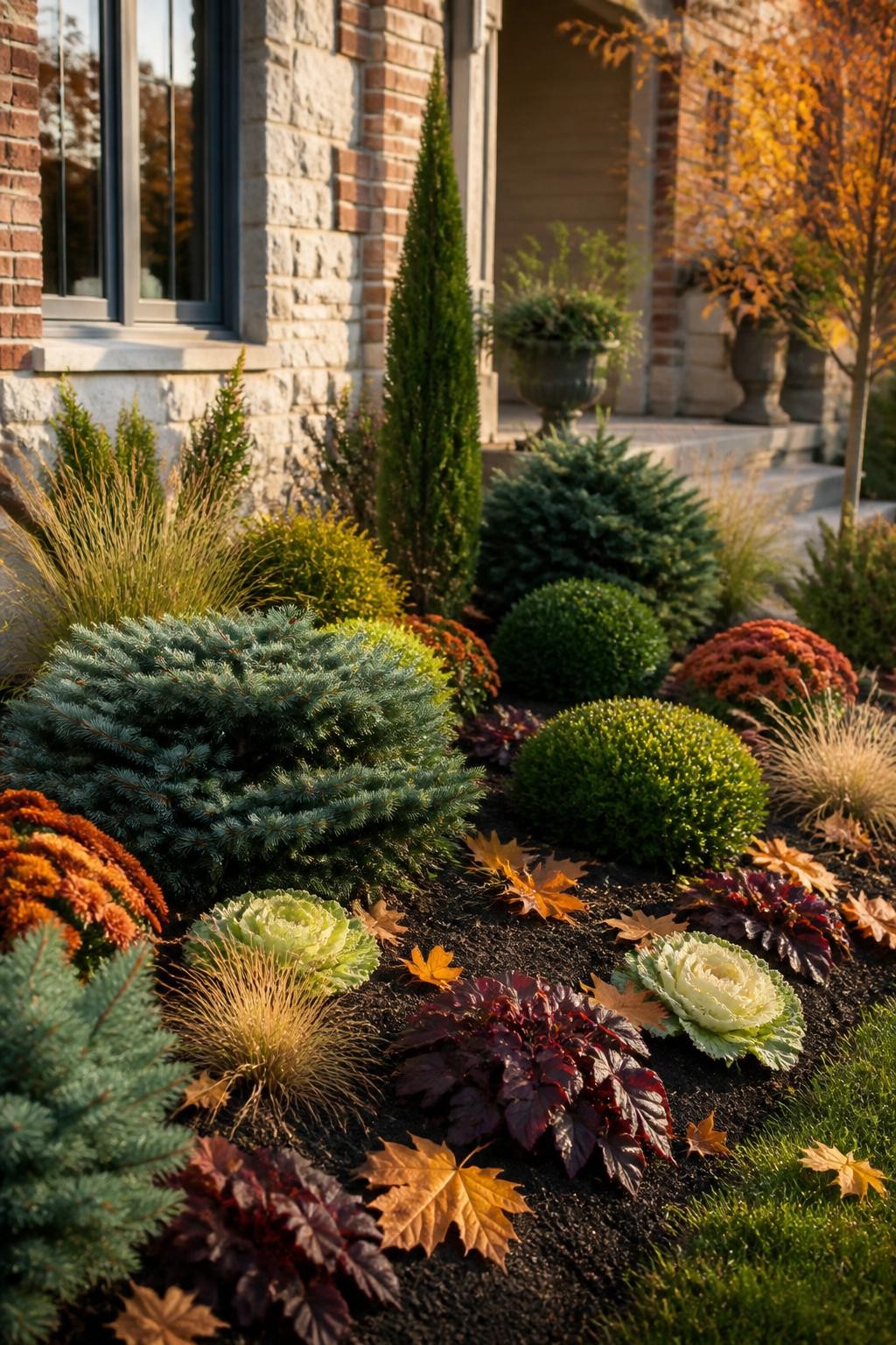 Image Prompt: A realistic front-yard fall landscape with compact dwarf spruce, rounded boxwood, and small upright juniper anchoring a layered planting bed, surrounded by bronze mums, burgundy heuchera, pale ornamental cabbage, and fine grasses, dark fresh mulch, scattered amber maple leaves, balanced planting around a modest stone-and-brick home, warm late-afternoon sunlight, realistic mature plant proportions and natural asymmetry, editorial DSLR landscape photography, 35mm lens, no text.