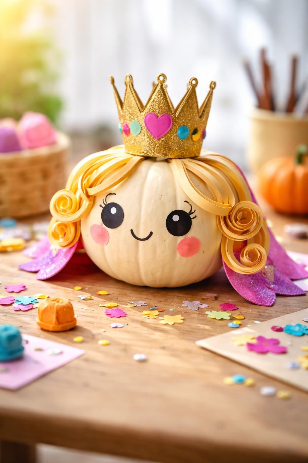 Image Prompt: A small pale pumpkin decorated as a cheerful pumpkin princess, tall gold paper crown fitted around the stem, colorful paper jewels, large friendly eyes, rosy paper cheeks, curled paper hair, tiny paper cape around the back, whimsical storybook craft display, bright soft lighting, realistic DSLR photography, detailed but easy child-made construction, no people, no text.