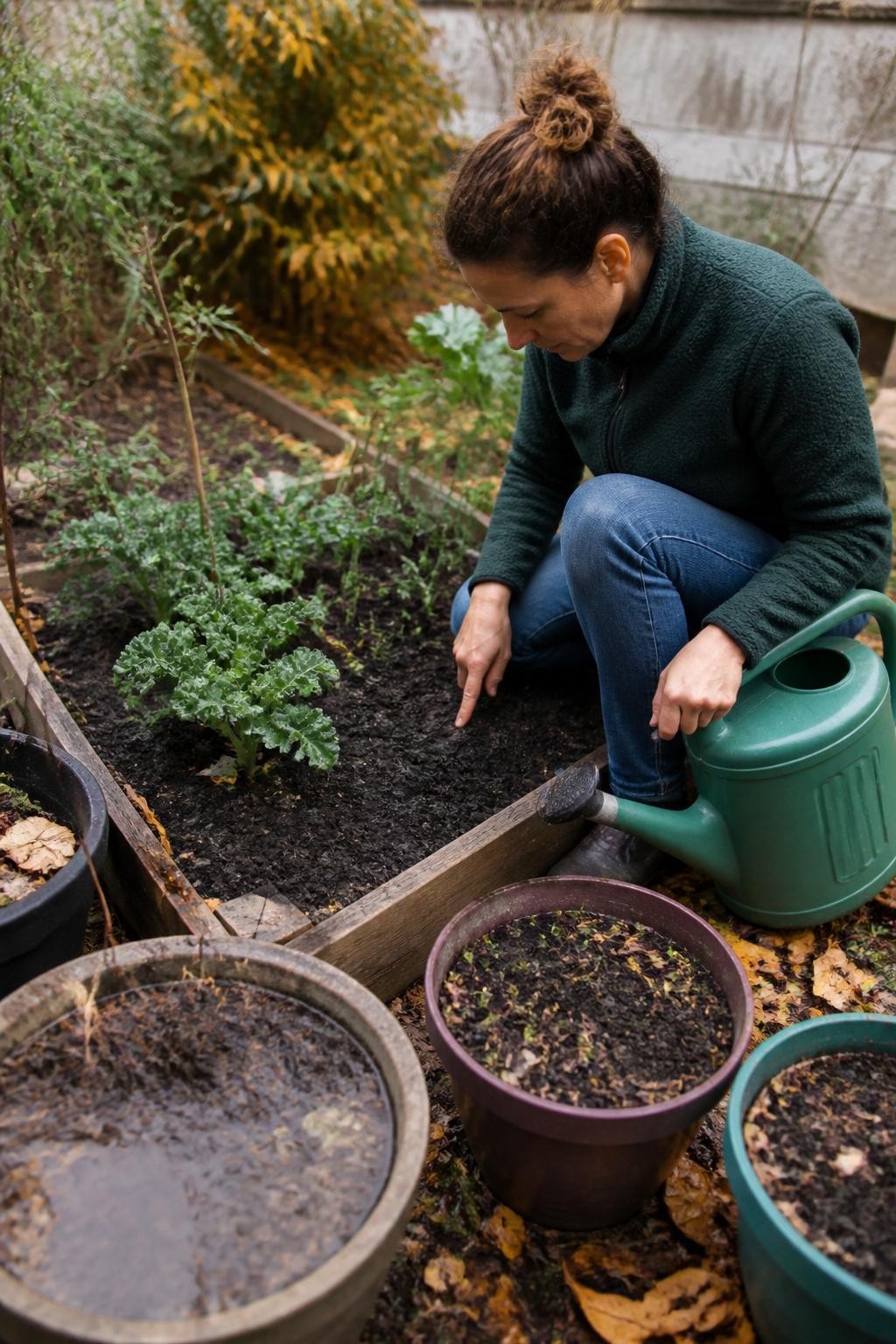 Image Prompt: A realistic fall garden showing a raised bed and several containers with overly wet soil and shallow puddles beside a correctly watered bed with dark but crumbly soil, a gardener checking moisture by pressing two fingers into the soil before using a watering can, fallen leaves around the pots, cool cloudy daylight, natural residential garden scene, accurate wet and well-drained soil textures, DSLR photography, 50mm lens, no text.