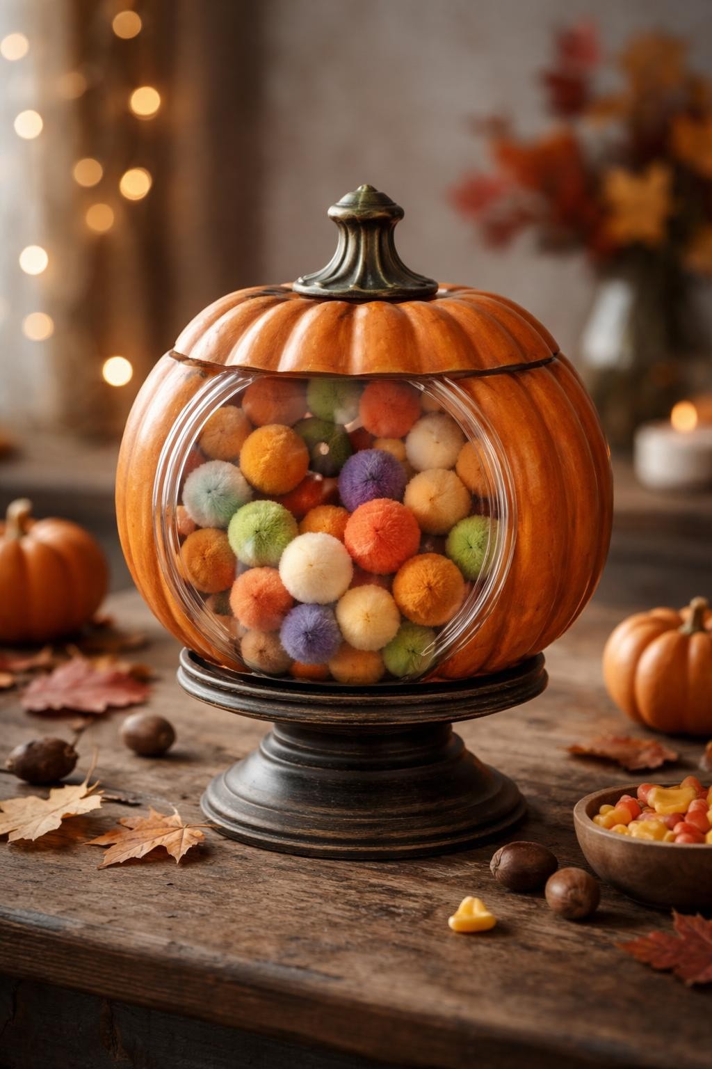 Image Prompt: Pumpkin Gumball Jar tabletop display,Use a clear fake pumpkin or cut a window into a hollow plastic pumpkin and attach clear plastic behind the opening. Fill the inside with pom-poms, felt balls, or wrapped candy. Paint the stem area like a lid and add a small base so it resembles an old candy jar. soft moody light, realistic DSLR craft photography, detailed handmade finish, no people, no readable text.