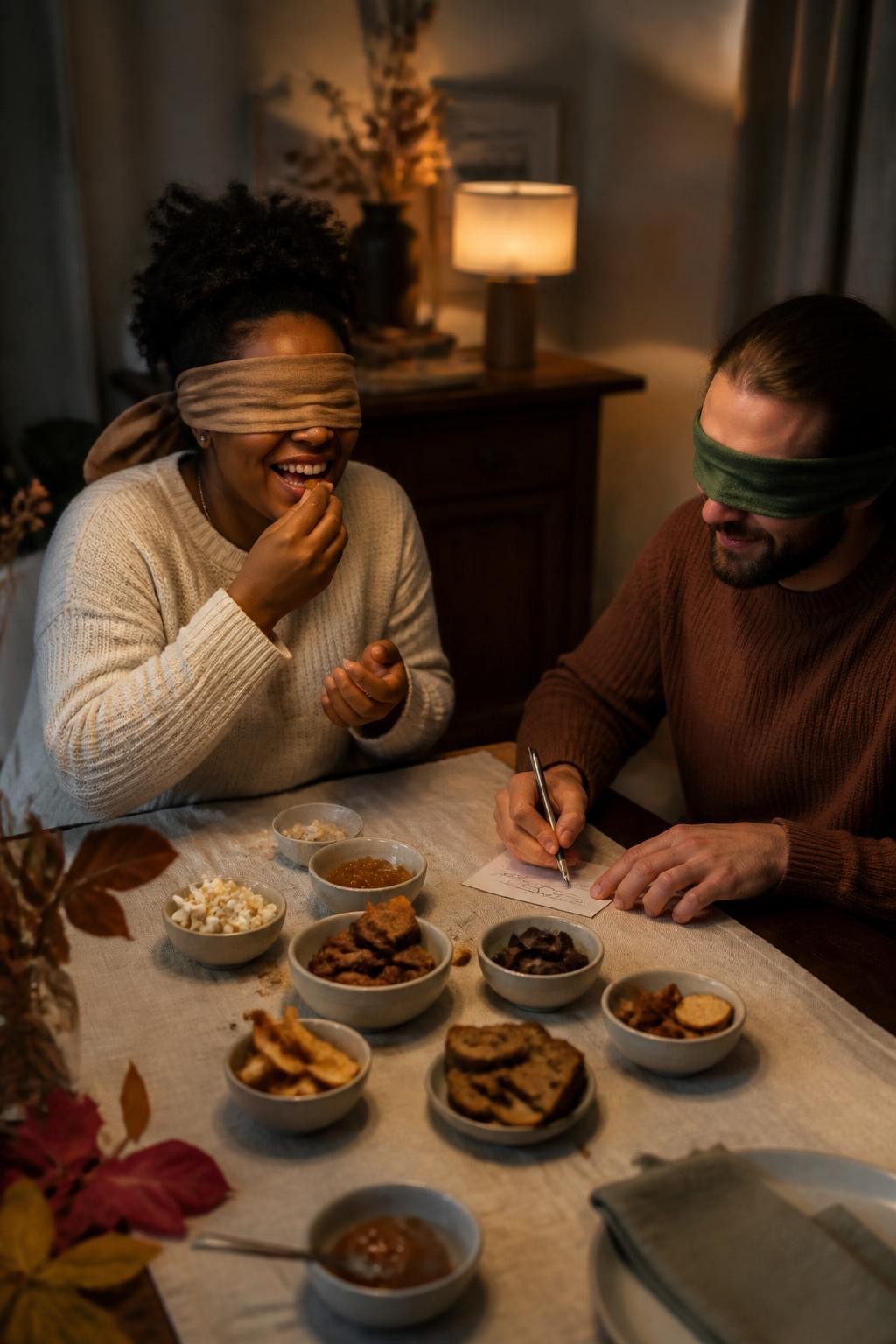 Image Prompt: A cozy dining room table prepared for a blind autumn snack tasting, small unmarked ceramic bowls containing apple chips, flavored popcorn, spiced nuts, pumpkin bread, dark chocolate, pear jam and crackers, two adults wearing comfortable sweaters and soft fabric blindfolds, one Black woman laughing as she tastes a snack while her partner records guesses on a blank card, warm table lamps, linen napkins, slight crumbs and natural food imperfections, intimate editorial DSLR photography, shallow depth of field, no packaging, no readable text.