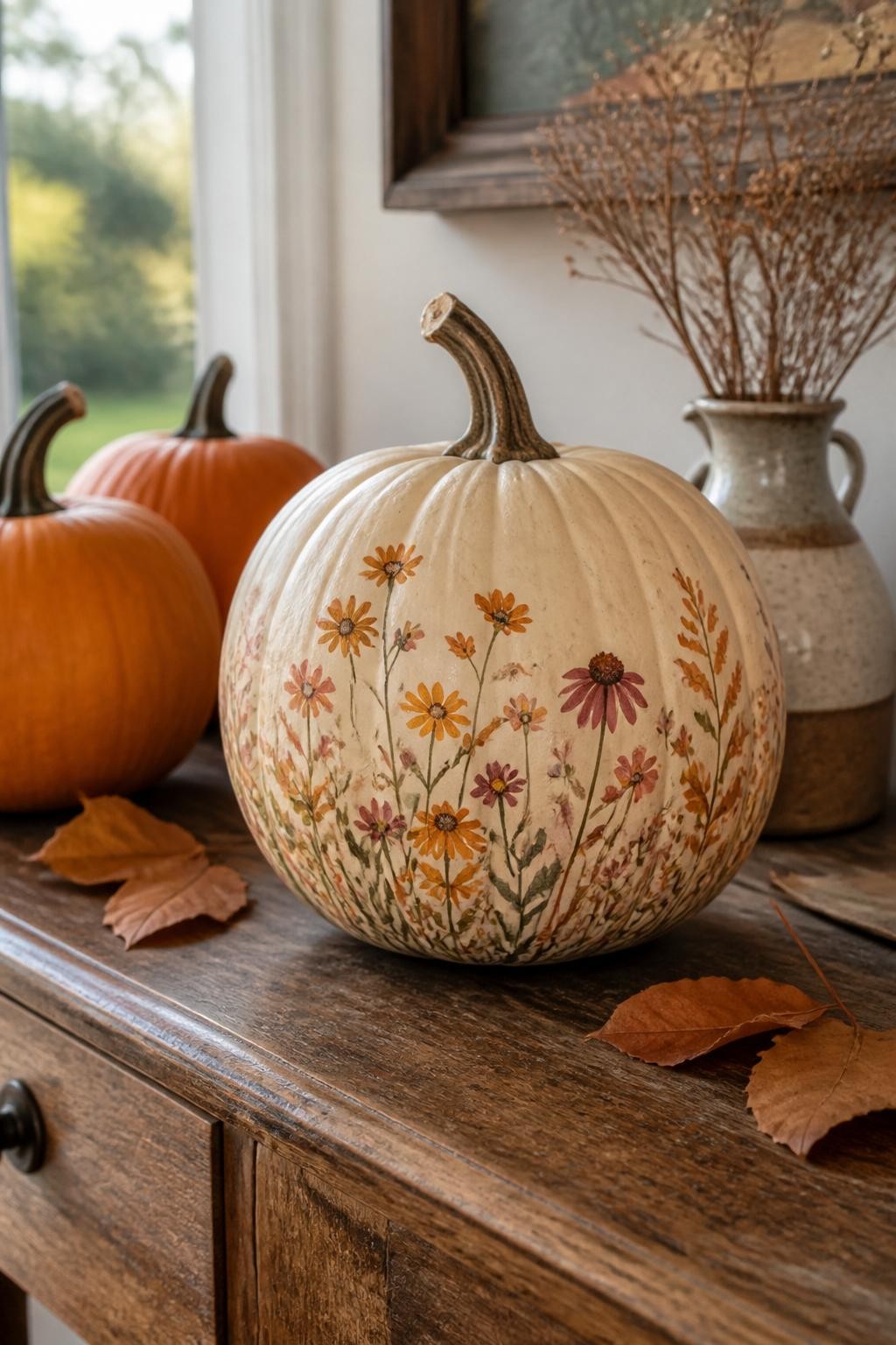 Horizontal 16:9 casual iPhone photograph of a medium cream pumpkin hand-painted with delicate autumn wildflowers in rust, mustard yellow, burgundy, dusty rose, and olive green, thin curved stems wrapping naturally around the lower half, displayed on a slightly worn wooden console table with two plain orange pumpkins, a small ceramic vase, scattered dried leaves, and soft afternoon window light, natural shadows, believable brushstrokes, minor handmade imperfections, warm lived-in fall home, no studio lighting, no artificial gloss, no text, no distorted pumpkin stem.