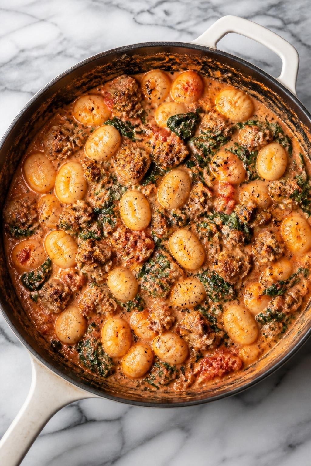Image Prompt: Top-down realistic editorial food photography of an Italian sausage gnocchi skillet on a clean white and gray marble countertop, soft gnocchi tossed with browned Italian sausage, tomato cream sauce, and spinach in a rustic skillet, cozy homemade dinner mood, bright natural window light, soft shadows, high detail, no people, no hands, no text, no watermarks, no props with writing.