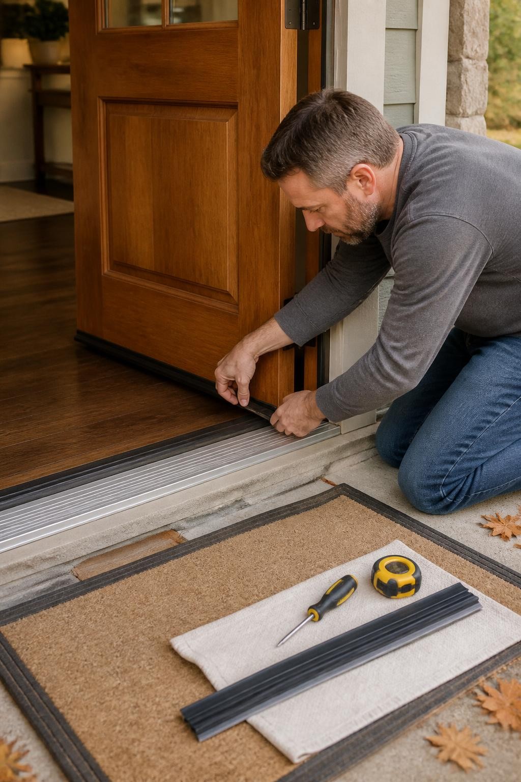 Image Prompt: A photorealistic entryway maintenance scene showing a homeowner kneeling beside an open front door and inspecting the rubber sweep along the bottom edge, with a new replacement door sweep, screwdriver, and measuring tape arranged on a small protective cloth, warm wooden door, clean metal threshold, sturdy outdoor mat, muted orange leaves outside, natural afternoon light, accurate tool use and body posture, realistic wood, rubber, and metal textures, professional full-frame DSLR photography with a 35mm lens, inviting home-improvement editorial composition, no visible brands, no written instructions, no watermarks on images.