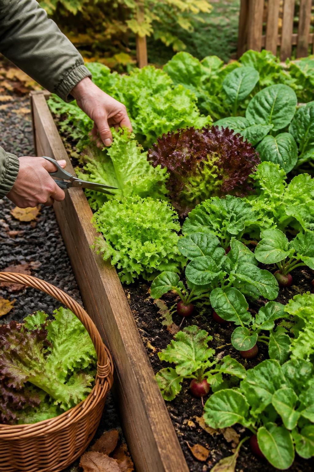 Image Prompt: A realistic backyard raised garden bed in early fall filled with neat rows of mature green and red leaf lettuce, baby spinach, arugula, mustard greens, and small radishes, a gardener’s hand using clean scissors to harvest only the outer lettuce leaves, rich dark soil visible between plants, a wicker harvest basket resting beside the bed, scattered amber leaves on the surrounding gravel path, soft overcast afternoon light, natural plant imperfections, authentic home garden setting, shallow depth of field, human DSLR photography, 35mm lens, highly detailed, no text, no artificial-looking vegetables.