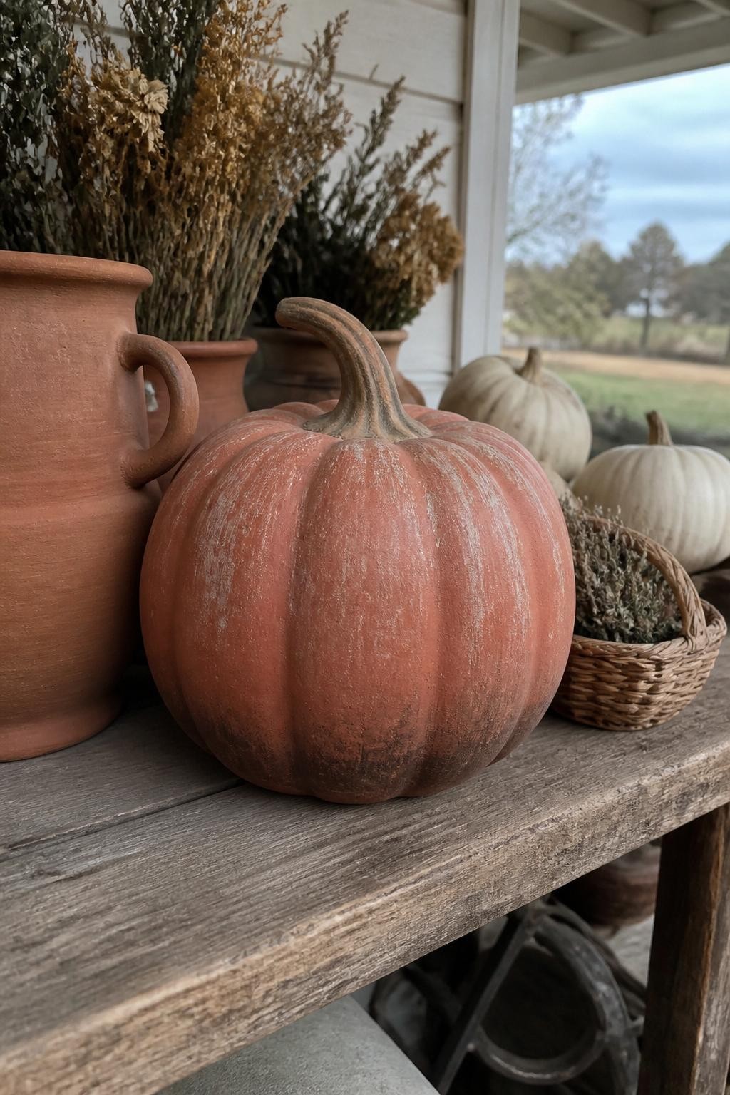 Horizontal 16:9 casual iPhone photograph of a ceramic pumpkin painted matte burnt terracotta with pale chalky highlights brushed over the raised ridges and darker brown shading near the base, displayed on an outdoor covered porch shelf beside clay pots, a small basket, dried herbs, and plain cream pumpkins, soft overcast daylight, weathered handmade appearance, no artificial gloss, no text.
