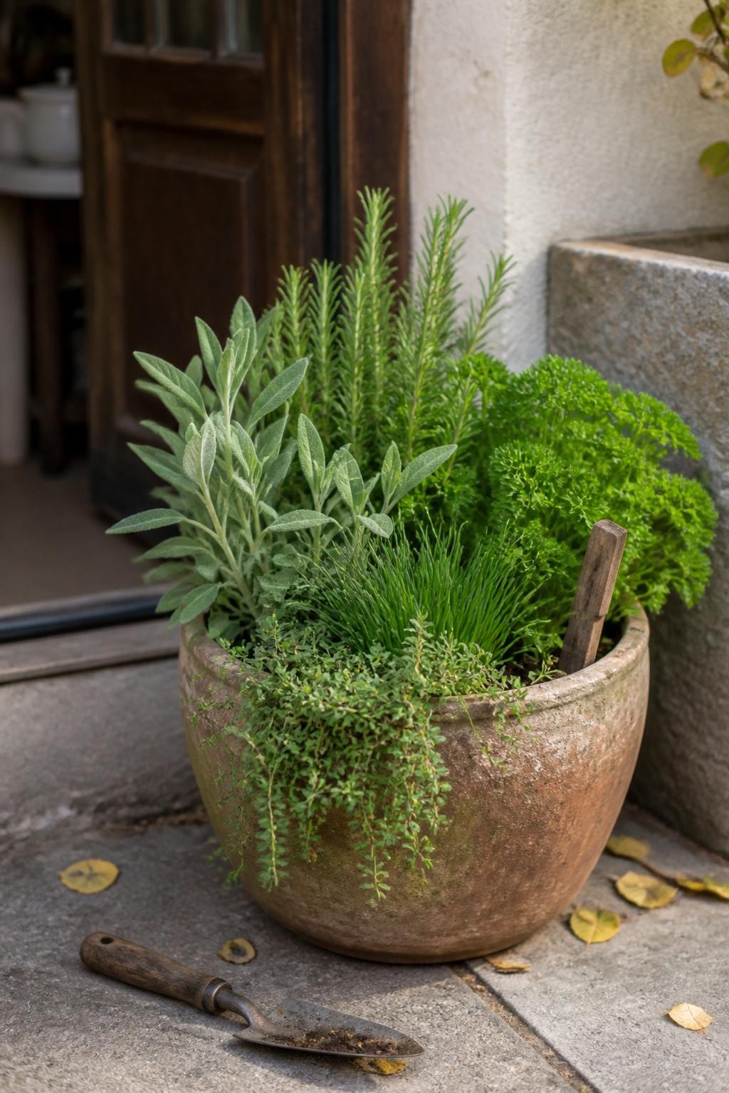 Image Prompt: A realistic rustic clay container garden positioned beside a kitchen door, planted with upright rosemary, soft gray-green sage, curly parsley, chives, and creeping thyme spilling gently over the edge, natural variation in leaf color, a small wooden plant marker and soil-stained hand trowel nearby, weathered stone doorstep, scattered yellow leaves, warm soft afternoon light, practical edible garden styling, highly realistic herb textures, DSLR photography, 60mm lens, shallow depth of field, no text.