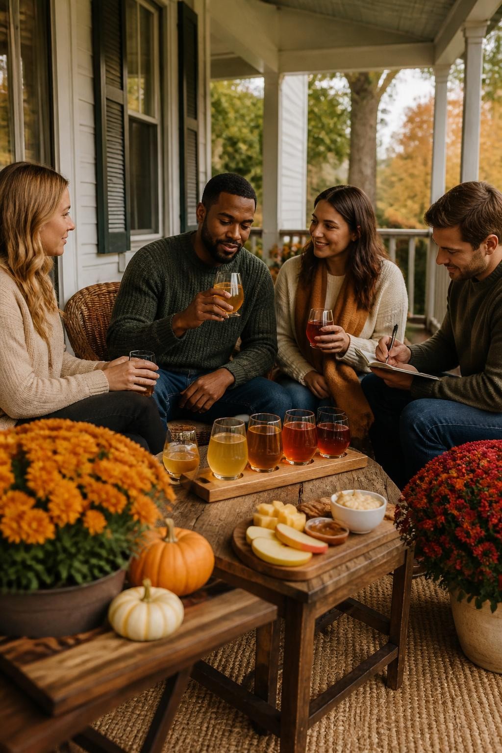 Image Prompt: A covered front porch decorated simply for fall with potted mums, pumpkins, and a small wooden table holding several glasses of apple cider in different shades, tasting cards, sliced apples, cheese, caramel dip, and cinnamon crackers, four adults seated comfortably in layered sweaters, one Black man swirling a glass while a friend takes notes, soft late-afternoon light, cozy candid mood, detailed food styling, editorial DSLR photography, no readable labels, no text.