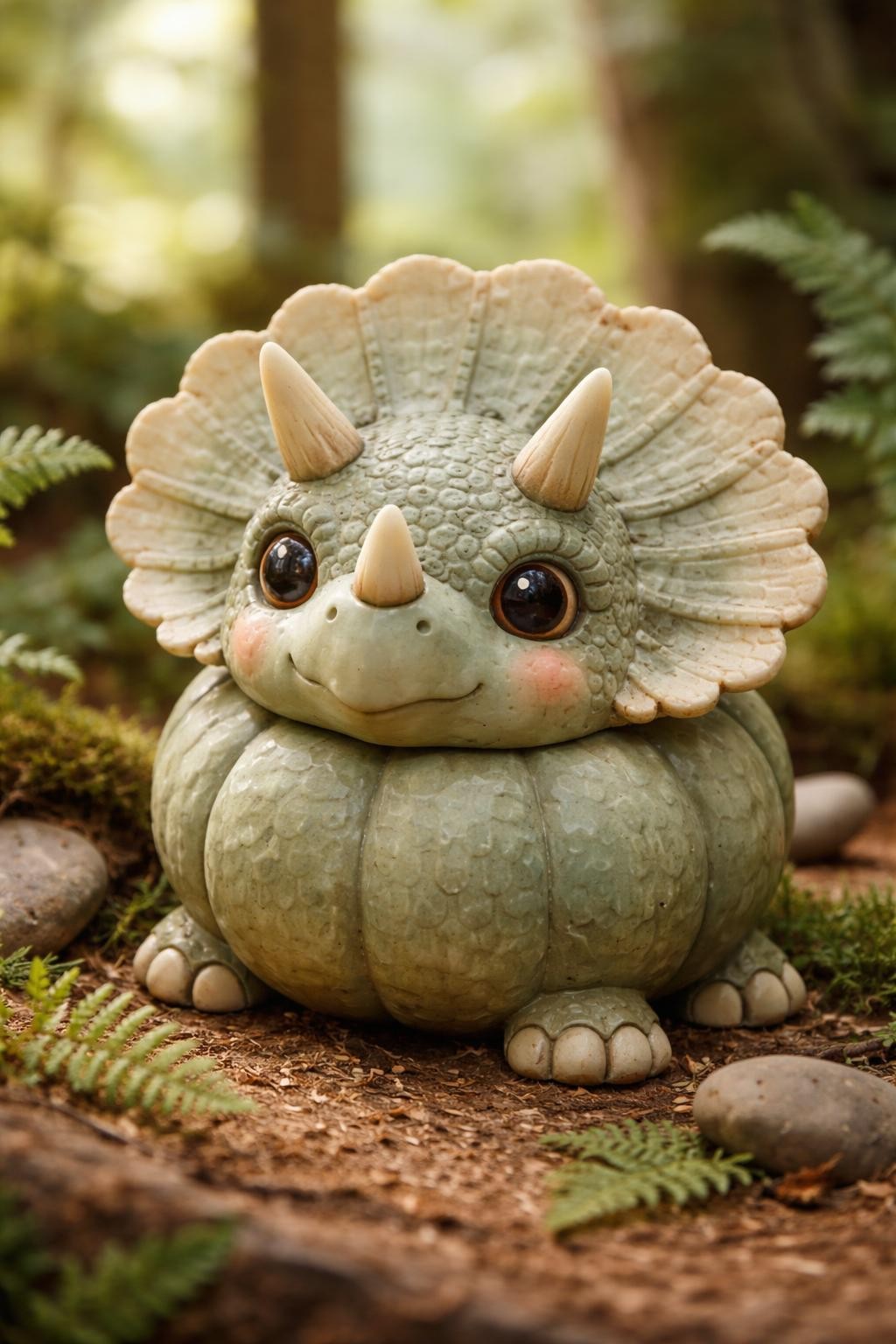 Image Prompt: A round muted sage-green pumpkin transformed into an adorable baby triceratops, large sculpted cream frill surrounding the face, three short ivory horns, wide glossy brown eyes, tiny nostrils, subtle scale texture painted across the surface, four small clay feet beneath the pumpkin, miniature ferns and smooth stones around the base, gentle prehistoric woodland setting, soft natural window light, realistic DSLR craft photography, crisp handmade details, no people, no text.