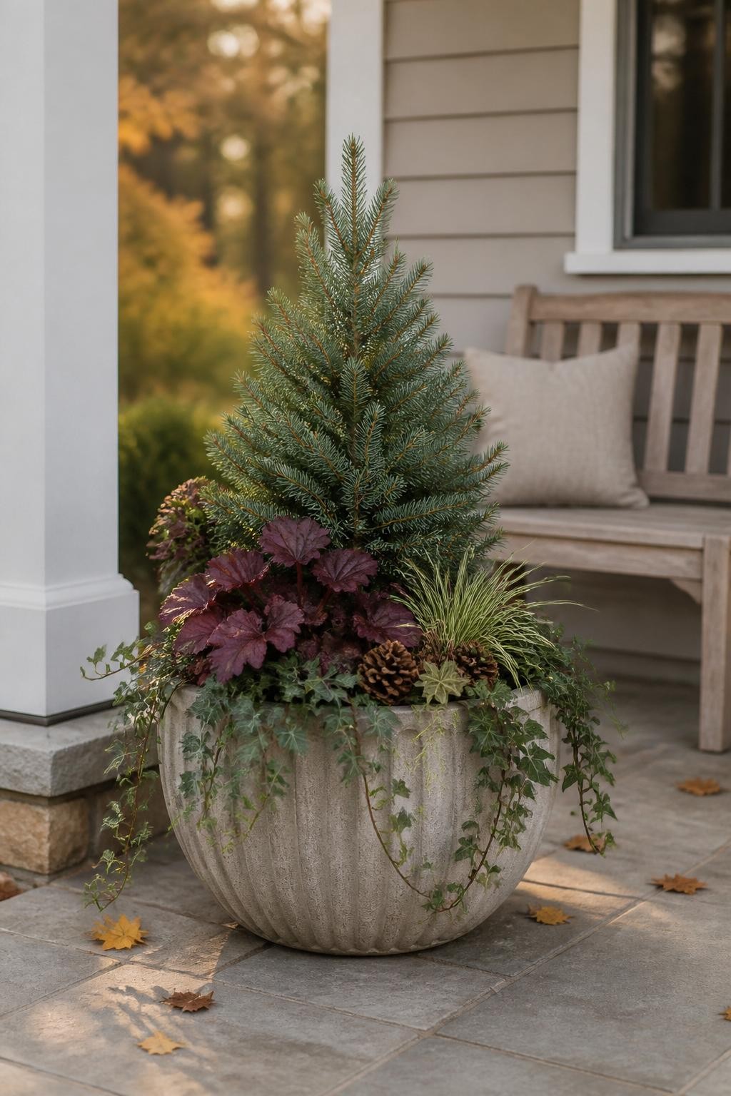Image Prompt: A realistic medium-sized frost-resistant stone planter on a covered porch, featuring a compact dwarf spruce as the central plant, burgundy heuchera around its base, pale green sedge, and dark trailing ivy over the rim, a few natural pinecones resting on the soil surface, subtle autumn leaves nearby, soft late-afternoon light, simple wooden bench and neutral home exterior in the background, elegant but easy-to-copy residential styling, true-to-life foliage and proportions, DSLR photography, 50mm lens, no text.