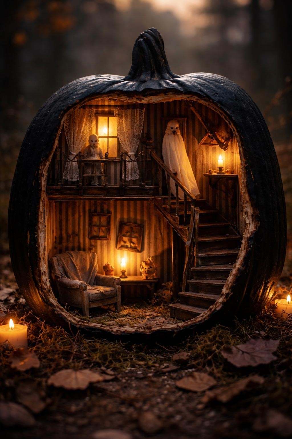 Image Prompt: A hollow black fake pumpkin opened at the front like a tiny haunted dollhouse, two miniature rooms inside with striped wallpaper, tiny staircase, ghost figure, small armchair, crooked picture frames, warm yellow lights in the windows, lace curtains, moss and dead leaves at the base, spooky but charming handmade scene, dramatic evening light, realistic DSLR photography, sharp miniature details, no people, no readable text.