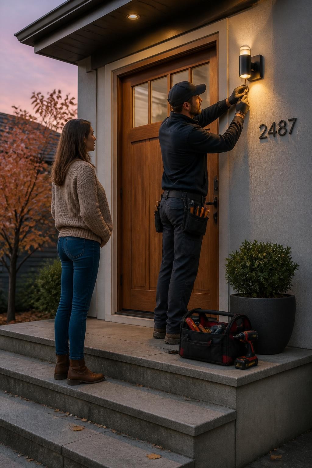 Image Prompt: A photorealistic exterior home-improvement scene showing a qualified electrician installing a modern warm-white wall light beside a front door, homeowner observing safely from the porch, matte black fixture, wooden door, clean house numbers, early evening fall sky, subtle fallen leaves on the steps, accurate electrical tools and professional workwear, natural body proportions, professional full-frame DSLR photograph using a 50mm lens, realistic architectural detail and warm light output, no exposed live wires, no unsafe DIY electrical work, no logos, no text, no watermarks on images.