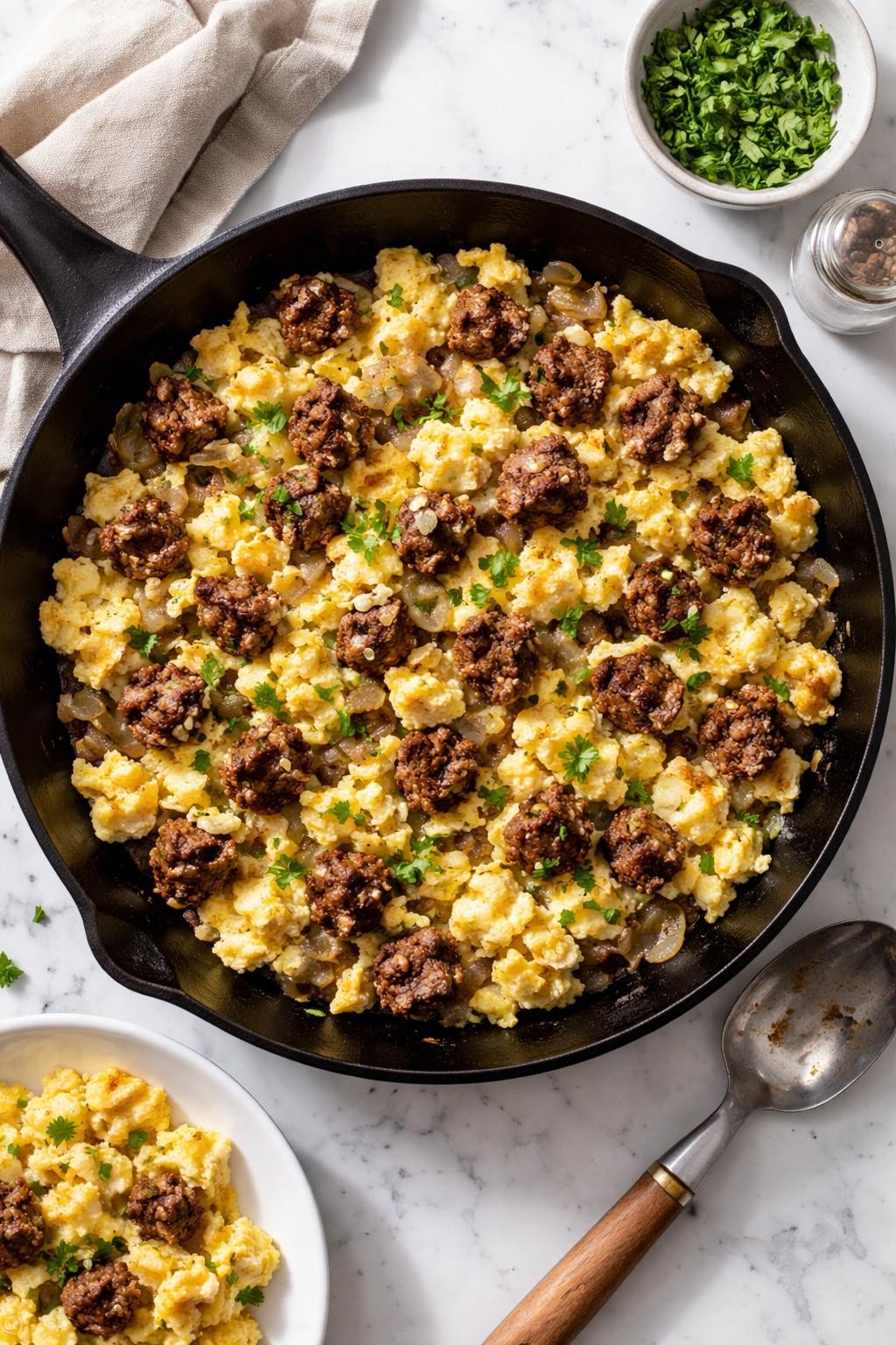 Prompt: Top-down realistic editorial food photography of a meatloaf breakfast scramble in a skillet on a clean white marble countertop, scrambled eggs mixed with crumbled leftover meatloaf, onions, and herbs, soft fluffy eggs with lightly browned meatloaf pieces, simple homemade breakfast mood, bright natural daylight, soft shadows, clean composition, high detail, realistic food texture, no people, no hands, no text, no watermarks, no props with writing.