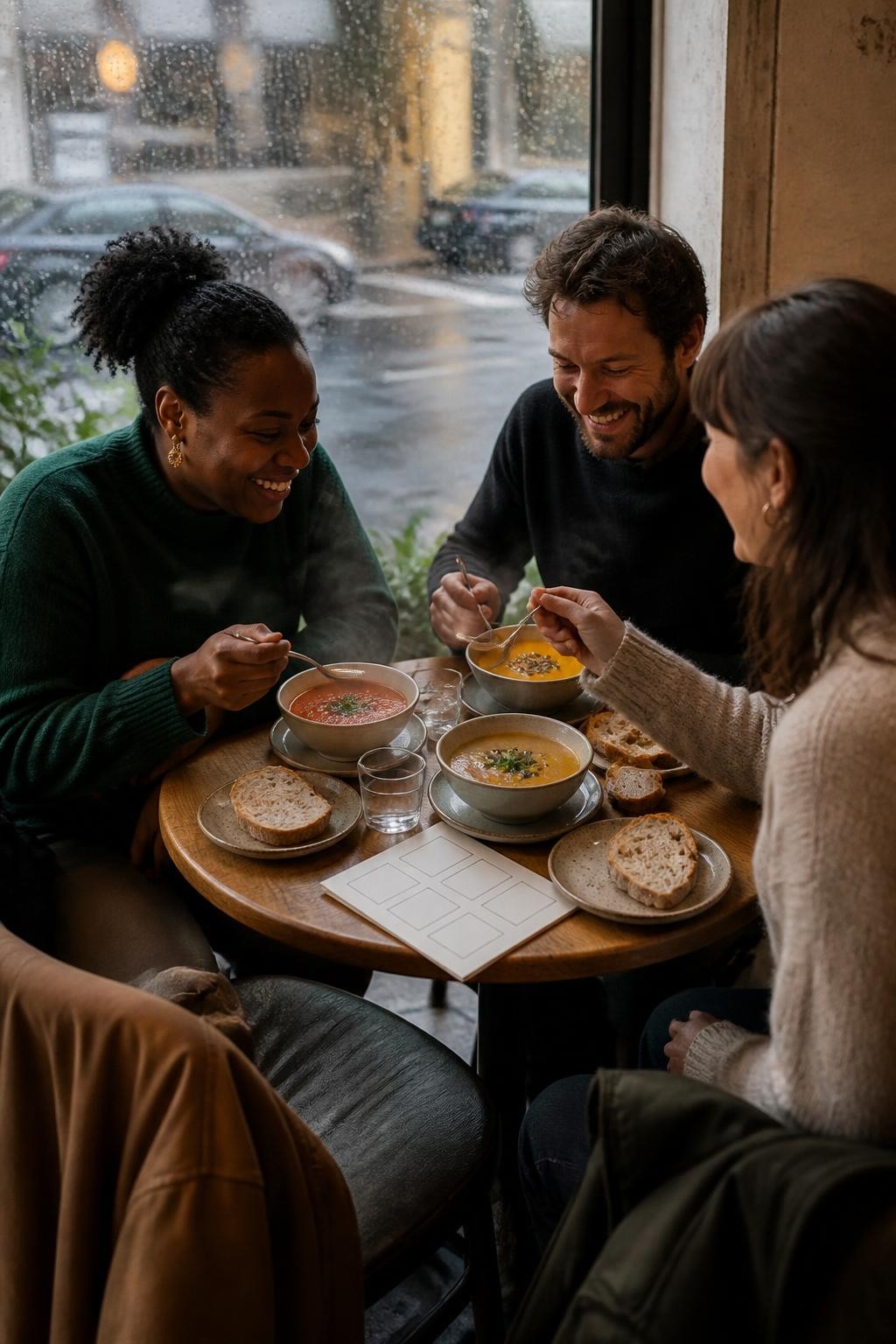 Image Prompt: A cozy café table beside a rain-speckled window, three adults comparing small bowls of different seasonal soups, tomato, mushroom and roasted squash, a folded handmade tasting passport with simple blank rating boxes, crusty bread on ceramic plates, coats hanging from chair backs, one Black woman wearing a forest-green sweater and gold earrings, natural laughter, realistic steam and food texture, soft gray daylight with warm café lighting, DSLR editorial food photography, no readable restaurant names, no text overlay.