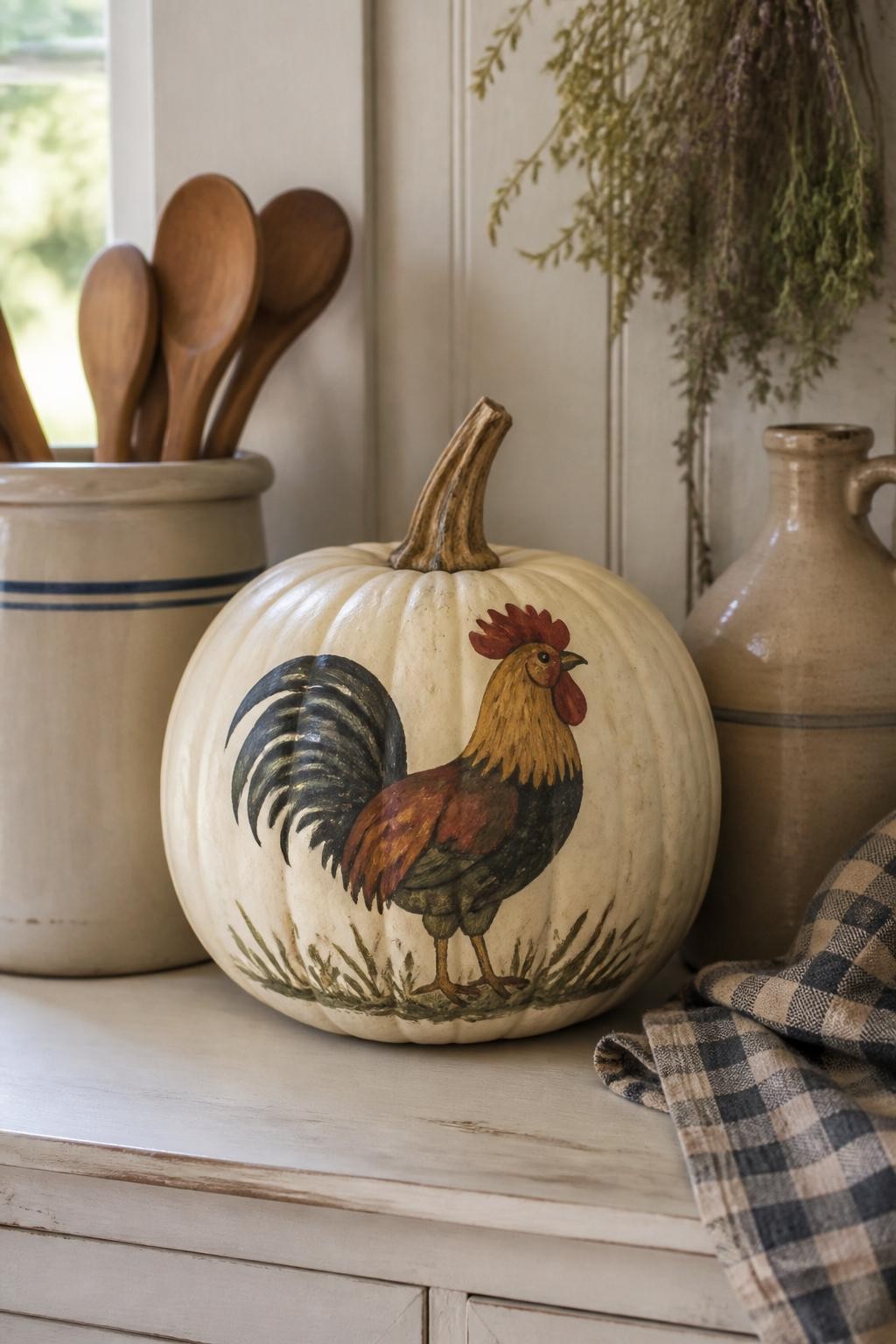 Horizontal 16:9 realistic iPhone photograph of a pale cream real pumpkin painted with one simple folk-style rooster in muted black, rust, mustard, and olive across the front, small hand-painted grass details near the base, natural brown stem, displayed on a farmhouse kitchen shelf beside ceramic crocks, wooden spoons, folded checked cloth, and dried herbs, soft window light, charming handmade imperfections, no text.