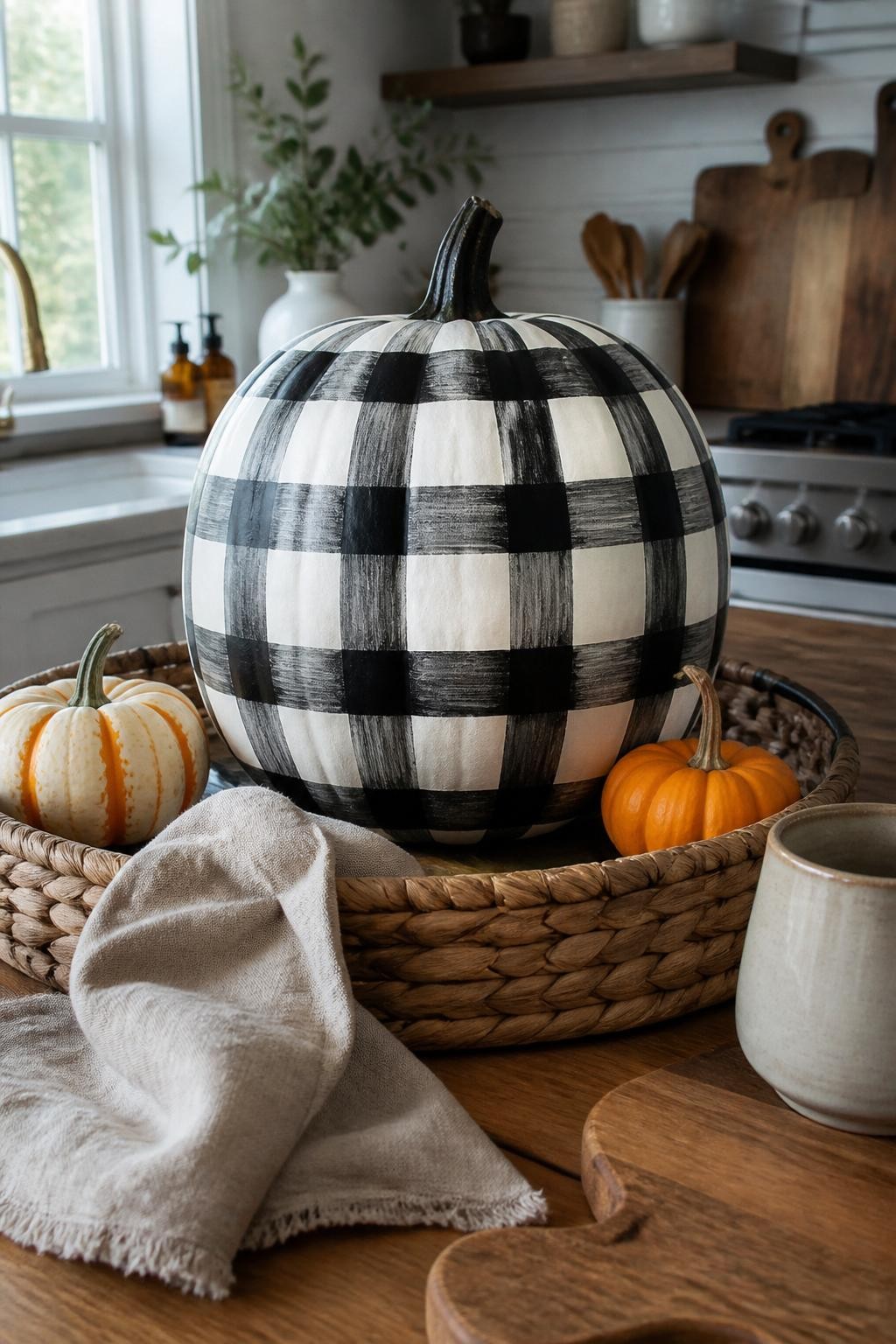 Horizontal 16:9 iPhone camera photo of a round real pumpkin painted warm white with a hand-painted black gingham pattern, visible natural brush texture and slightly imperfect lines, placed inside a shallow woven basket on a farmhouse kitchen island, surrounded by two mini pumpkins, folded beige linen, wooden cutting board, and a small mug, cloudy daylight entering from a nearby window, authentic home setting, soft natural colors, no professional studio effect, no fake plastic shine, no words or labels.