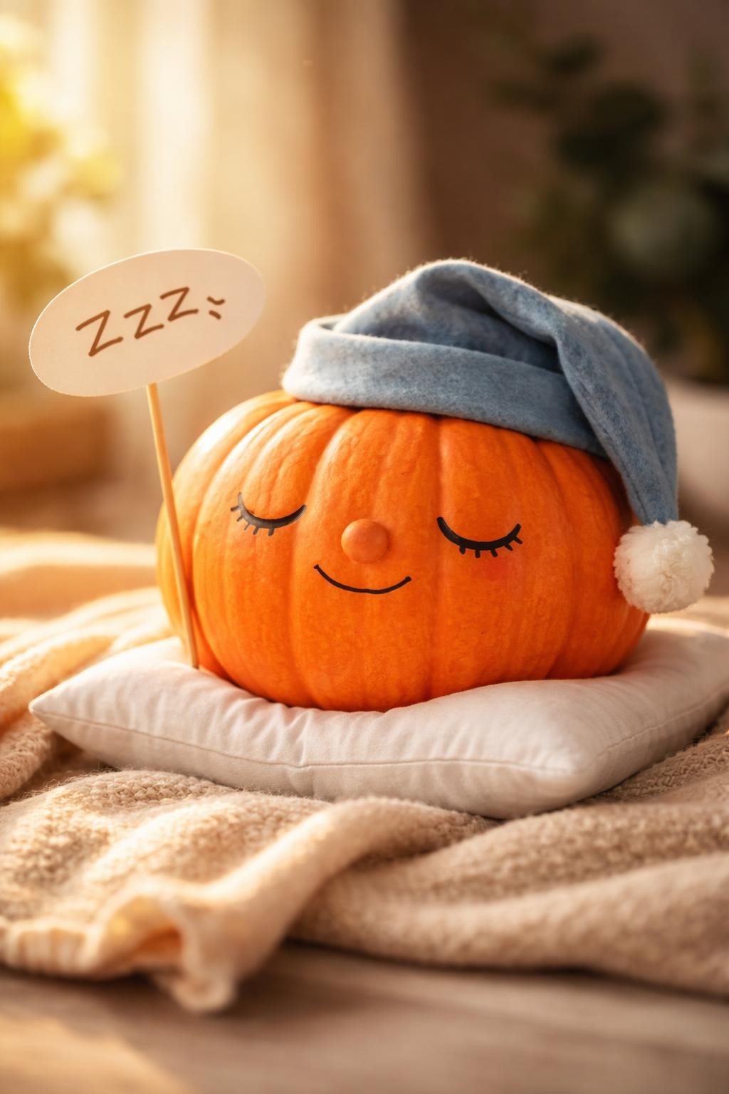 Image Prompt: A plump orange pumpkin decorated as a sleeping character, closed painted eyelids, tiny round nose, relaxed smile, blue felt sleeping cap hanging to one side, white paper speech bubble on a thin stick with hand-drawn snoring marks, small pillow beneath the pumpkin, soft blanket at the base, cozy humorous scene, warm morning light, realistic DSLR photography, no people, no readable text.