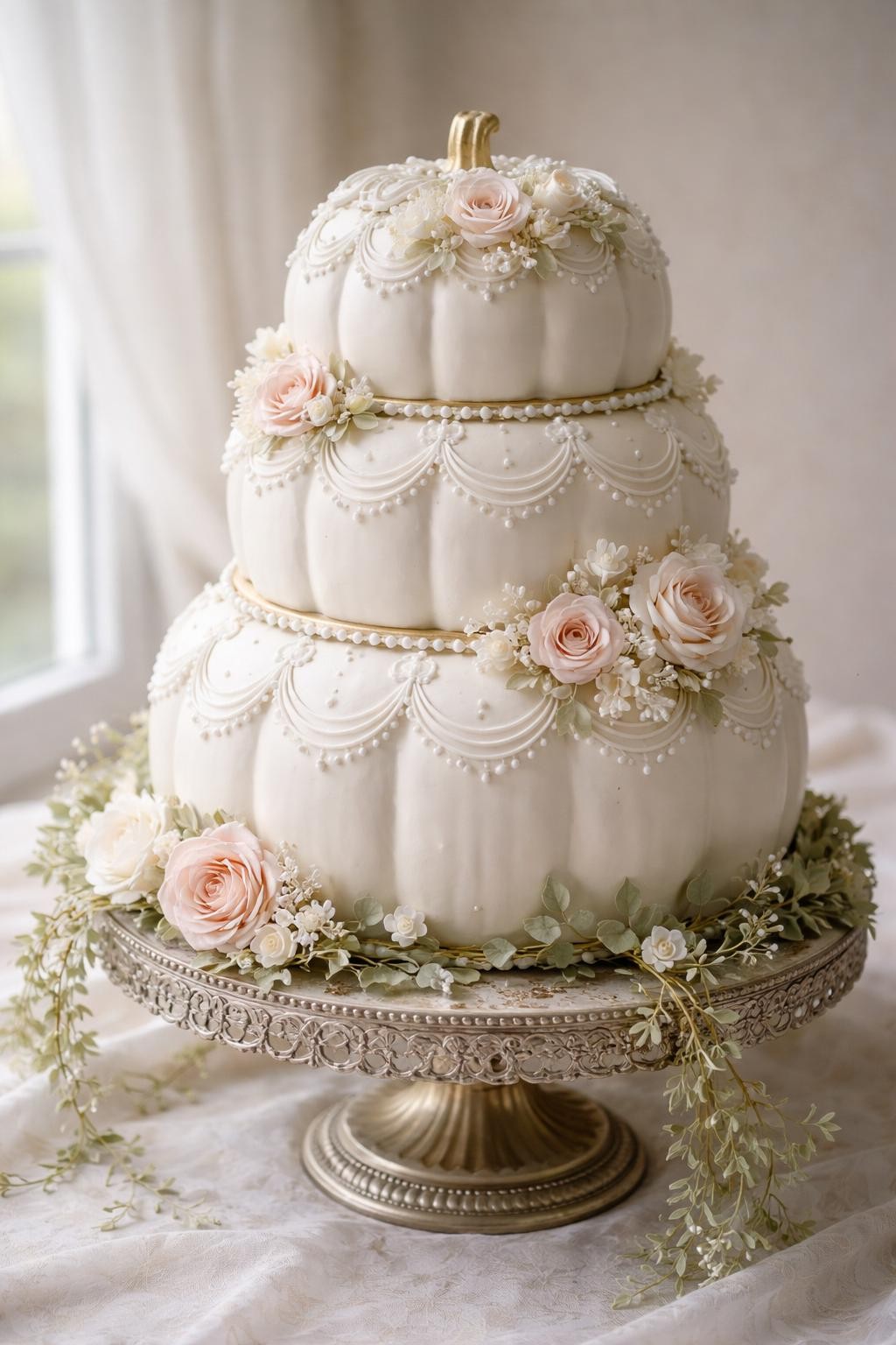 Image Prompt: Three white pumpkins stacked to resemble an elegant tiered wedding cake, each tier decorated with piped-looking white clay frosting, delicate pearl beads, small sugar-style flowers in blush and cream, thin gold trim between the layers, trailing greenery around the base, displayed on a vintage cake stand, soft romantic window light, realistic DSLR photography, refined handcrafted texture, no people, no text.