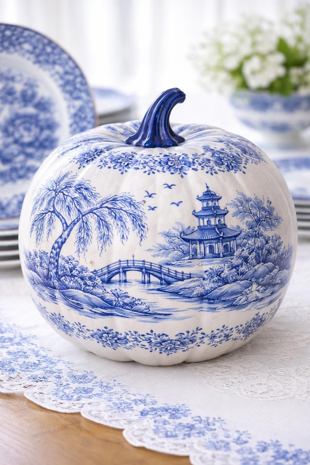 Image Prompt: A smooth white pumpkin painted in detailed blue willow ceramic style, miniature bridge, curved willow tree, pagoda, tiny birds, flowing river, and delicate floral border wrapping around the full pumpkin, rich cobalt blue on crisp white, stem painted glossy blue, displayed beside vintage blue-and-white plates, bright diffused daylight, realistic DSLR photography, extremely fine painted detail, no people, no text.