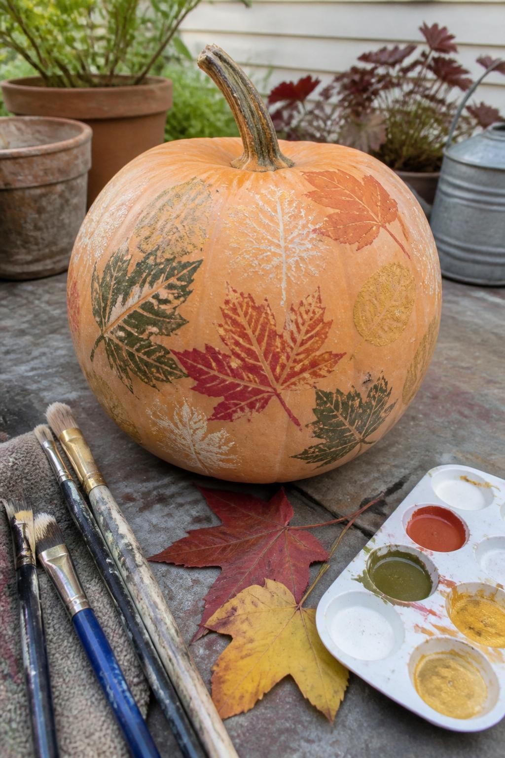 Horizontal 16:9 casual iPhone photo of a pale orange real pumpkin decorated with stamped leaf prints in muted rust, dark olive, warm cream, and antique gold, natural uneven leaf veins clearly visible, displayed on an outdoor potting table with used paintbrushes, a small paint tray, real maple leaves, and a folded cloth, gentle afternoon daylight, realistic crafting scene, slight smudges and handmade imperfections, no text.