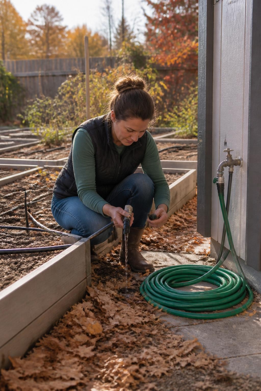 Image Prompt: A realistic fall raised-bed irrigation maintenance scene showing a gardener disconnecting a drip irrigation line from an outdoor faucet, opening the end cap to drain remaining water, checking emitters along the bed, coiling a clean garden hose neatly beside a shed, dry vegetable beds and fallen leaves in the background, soft late-morning autumn light, practical suburban garden, accurate hose fittings and drip components, editorial DSLR photography, 50mm lens, highly detailed, no text.