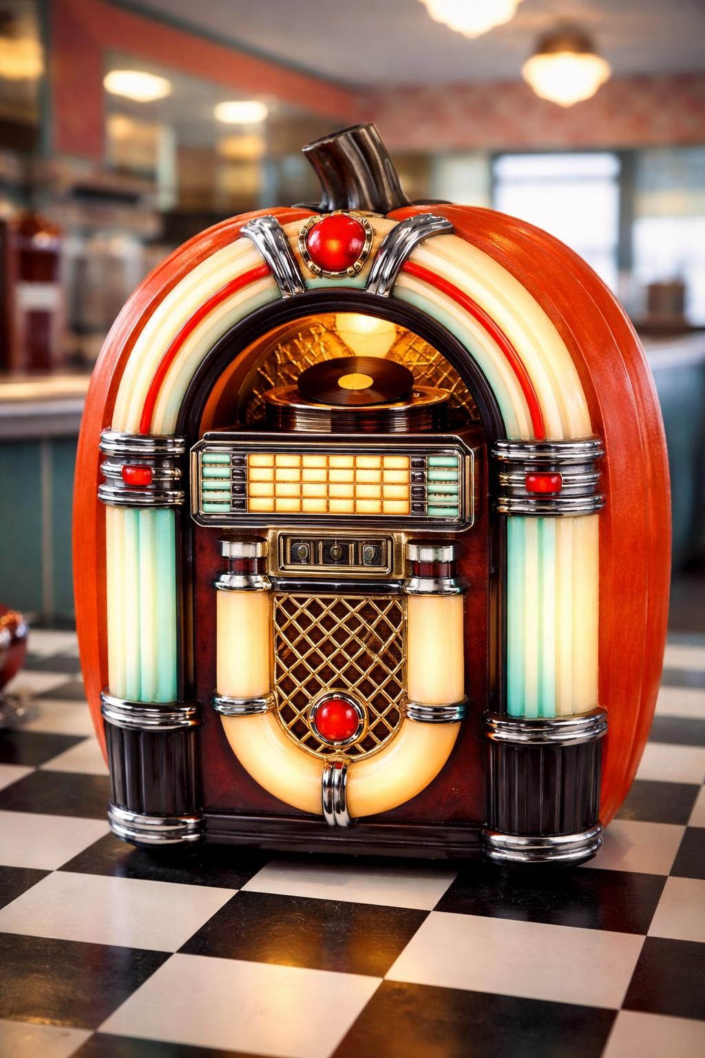 Image Prompt: A tall rounded foam pumpkin transformed into a colorful 1950s jukebox, curved arch at the top, glowing central panel, miniature record display, chrome-style trim, red, turquoise, cream, and gold painted details, tiny control buttons and speaker grille, checkerboard floor beneath, nostalgic diner setting, bright editorial lighting, realistic DSLR craft photography, polished handmade finish, no people, no readable text.