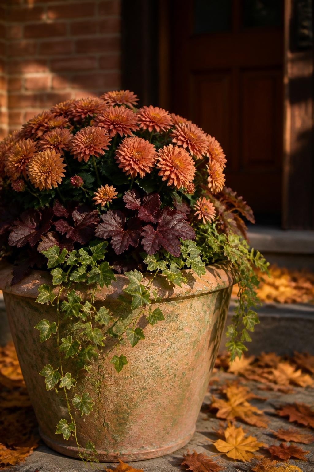 Image Prompt: A realistic large weathered terracotta container on a front porch filled with a full bronze chrysanthemum as the central plant, burgundy heuchera around the middle, and natural green English ivy trailing over the rim, a few unopened mum buds mixed among open blooms, dark moist potting soil barely visible, scattered amber maple leaves on the porch floor, warm late-afternoon autumn sunlight, muted brick wall and wooden front door softly blurred in the background, achievable residential garden styling, realistic plant proportions and slight leaf imperfections, editorial DSLR photography, 50mm lens, shallow depth of field, no text.