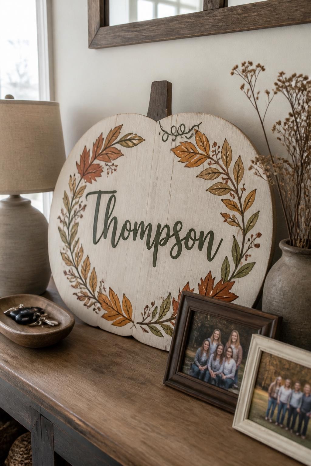 Horizontal 16:9 realistic iPhone photograph of a large warm white wooden pumpkin sign with a neatly hand-painted family surname in dark olive lettering, surrounded by a simple wreath of rust, mustard, and muted green leaves, displayed on an entryway console beside framed family photos, a lamp, key bowl, and dried branches, soft natural window light, believable hand lettering, no extra random text.