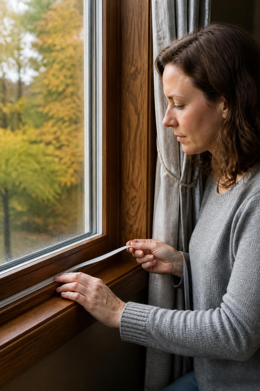 Image Prompt: A close, realistic interior photograph of a woman checking for drafts around a wooden-framed living-room window on a cool fall afternoon, using one hand to feel along the lower frame while applying a narrow strip of removable weather seal with the other, clean glass showing blurred autumn trees outside, folded thermal curtains beside the window, subtle condensation only at the outer edge, detailed wood grain and slightly aged sealant, natural skin texture and accurate fingers, professional DSLR image captured with a 50mm lens, soft side lighting, calm home-maintenance editorial quality, no exaggerated wind effects, no visible product logos, no text, no watermarks on images.