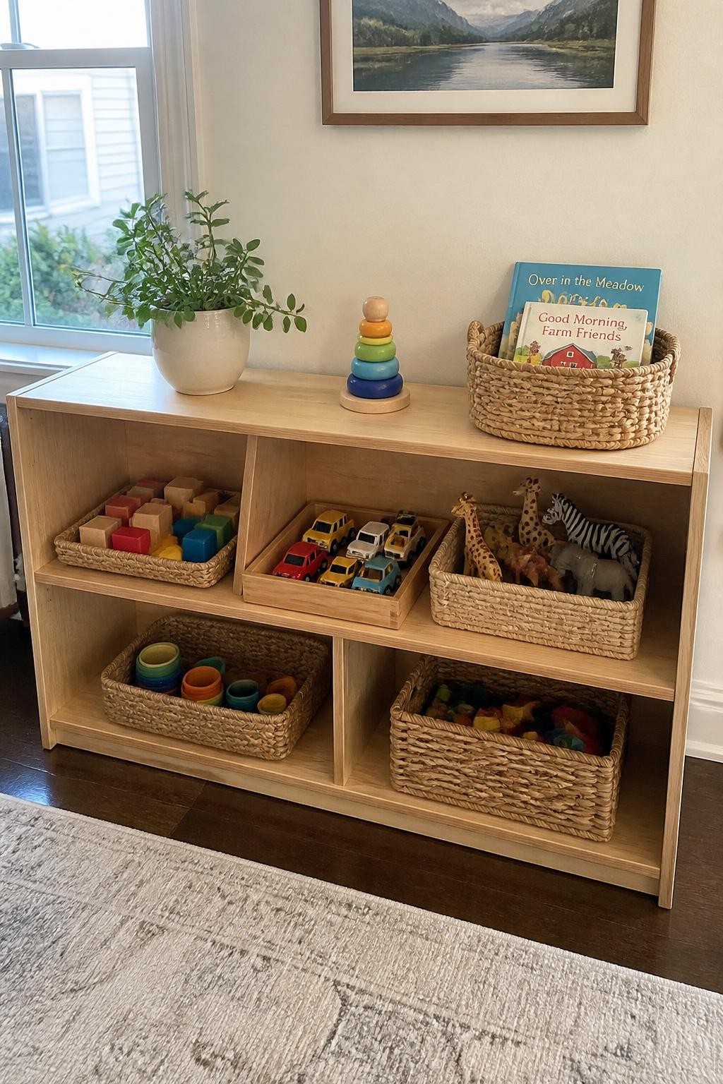 Image prompt: A bright family play area with a low natural wood shelving unit containing a small number of clearly separated toys, including wooden blocks, toy cars, animal figures, stacking cups, and two picture books, each category placed in an open basket or tray, photographed with natural iPhone photo quality, soft morning window light, realistic wood grain and slightly used toys, ordinary lived-in home, accessible child-height setup, tidy without looking staged, no children visible, no brand logos, no watermarks on images.