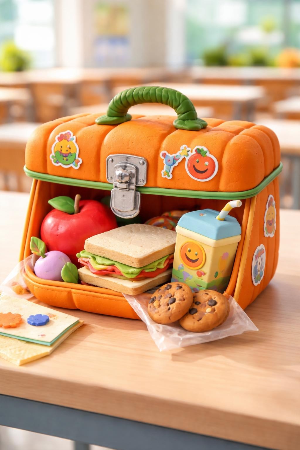 Image Prompt: A rectangular orange pumpkin transformed into a cute school lunchbox, painted metal latch, curved handle, colorful stickers, small sandwich, apple, juice box, and cookies made from paper and clay spilling from one side, cheerful cafeteria theme, bright natural light, realistic DSLR craft photography, detailed handmade food props, no people, no readable text.