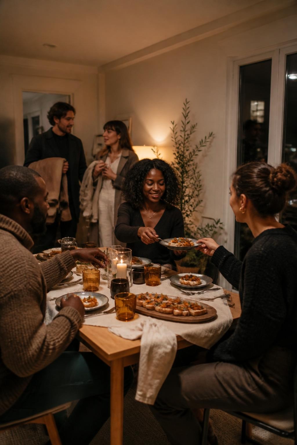 Image Prompt: A realistic evening dinner scene inside a welcoming apartment dining room, four adults in stylish but relaxed fall clothing serving roasted squash crostini around a small wooden table, amber glassware, linen napkins, simple candles inside glass holders, a second group preparing to leave with coats draped over their arms for the next dinner location, one Black woman with shoulder-length natural curls, one Black man in a textured brown sweater, two other friends of varied skin tones, genuine conversation, natural hand gestures, slight wrinkles in the tablecloth, warm lamp light mixed with soft window light, editorial DSLR lifestyle photography, 35mm lens, no visible logos, no text.