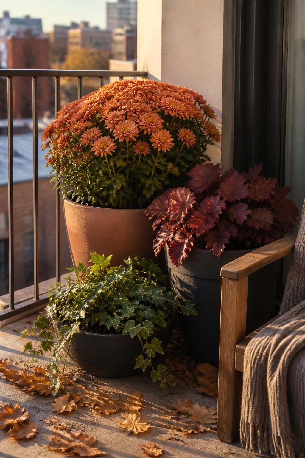 Image Prompt: A realistic small apartment balcony in early fall with three coordinated containers grouped in one corner, featuring a full bronze chrysanthemum in the tallest pot, burgundy and caramel heuchera in medium pots, and trailing green ivy spilling from a lower planter, warm terracotta and matte charcoal containers, a simple wooden chair and folded blanket nearby, scattered amber leaves on the balcony floor, soft late-afternoon sunlight, urban buildings gently blurred in the background, natural plant proportions and slight leaf imperfections, editorial DSLR photography, 50mm lens, highly detailed, no text.