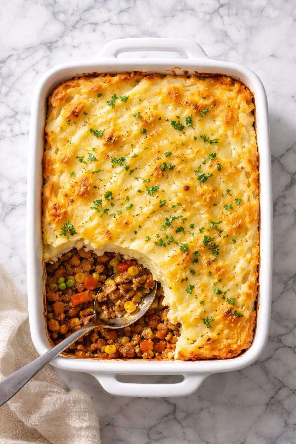Prompt: Top-down realistic editorial food photography of meatloaf shepherd’s pie style bake in a white ceramic baking dish on a clean white and gray marble countertop, chopped leftover meatloaf layered with vegetables and creamy mashed potatoes, lightly golden top with a spooned section showing the hearty inside, warm homemade comfort food mood, bright natural window lighting, soft shadows, clean composition, high detail, realistic food texture, no people, no hands, no text, no watermarks, no props with writing.