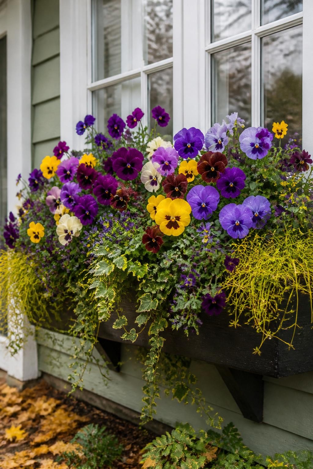 Image Prompt: A realistic autumn window box mounted beneath a white-painted cottage window, overflowing with purple, yellow, cream, burgundy, and blue pansies and small violas, mixed with trailing ivy and fine-textured golden sedge, natural uneven flower placement, a few petals marked by recent rain, soft cloudy daylight, muted exterior siding and reflections in the glass, scattered fallen leaves below, charming residential setting, DSLR garden photography, 70mm lens, highly detailed, no text.